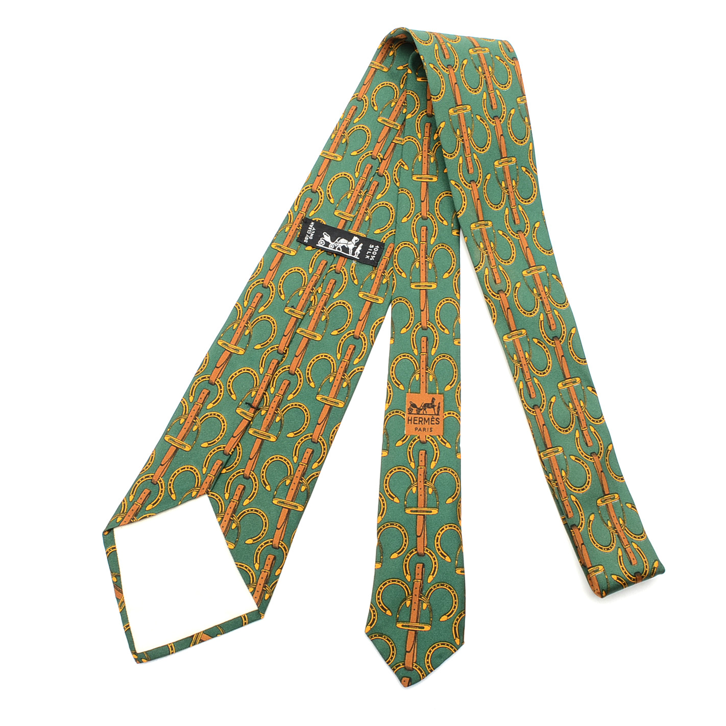 Hermès Equestrian Themed Necktie in Green and Golden Yellow, Pattern #517 IA