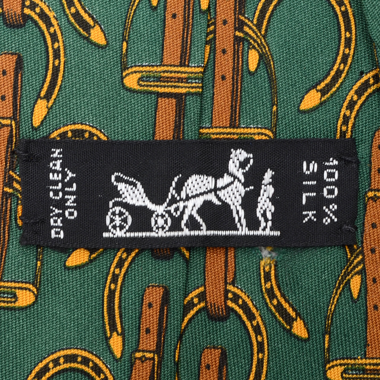 Hermès Equestrian Themed Necktie in Green and Golden Yellow, Pattern #517 IA