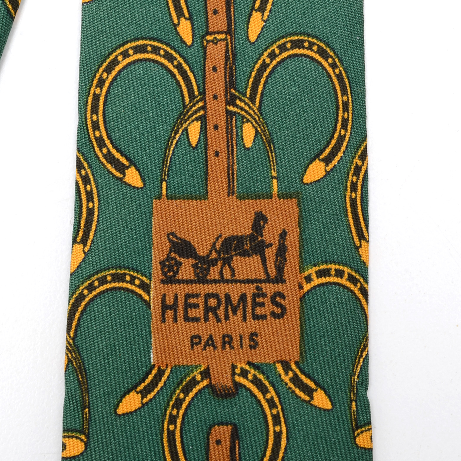 Hermès Equestrian Themed Necktie in Green and Golden Yellow, Pattern #517 IA