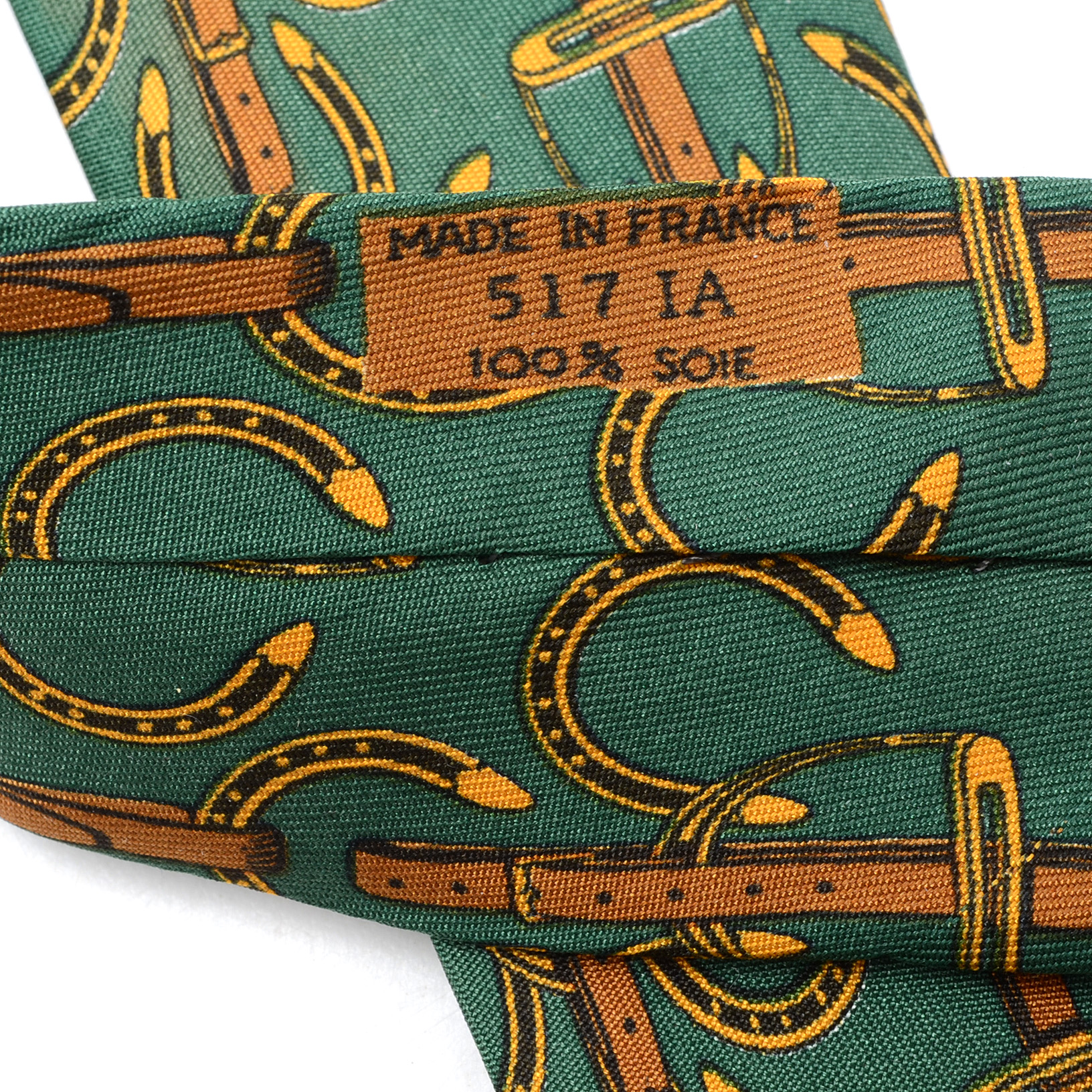 Hermès Equestrian Themed Necktie in Green and Golden Yellow, Pattern #517 IA