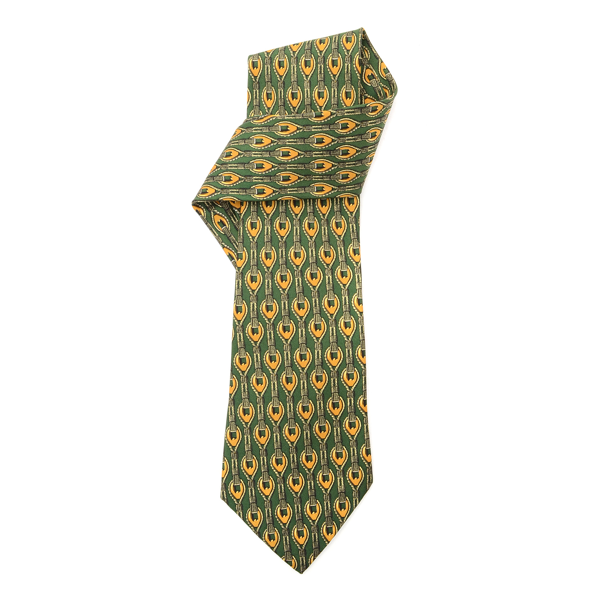Hermès Silk Necktie in Green and Gold Rope Pattern, #619 TA, Made in France