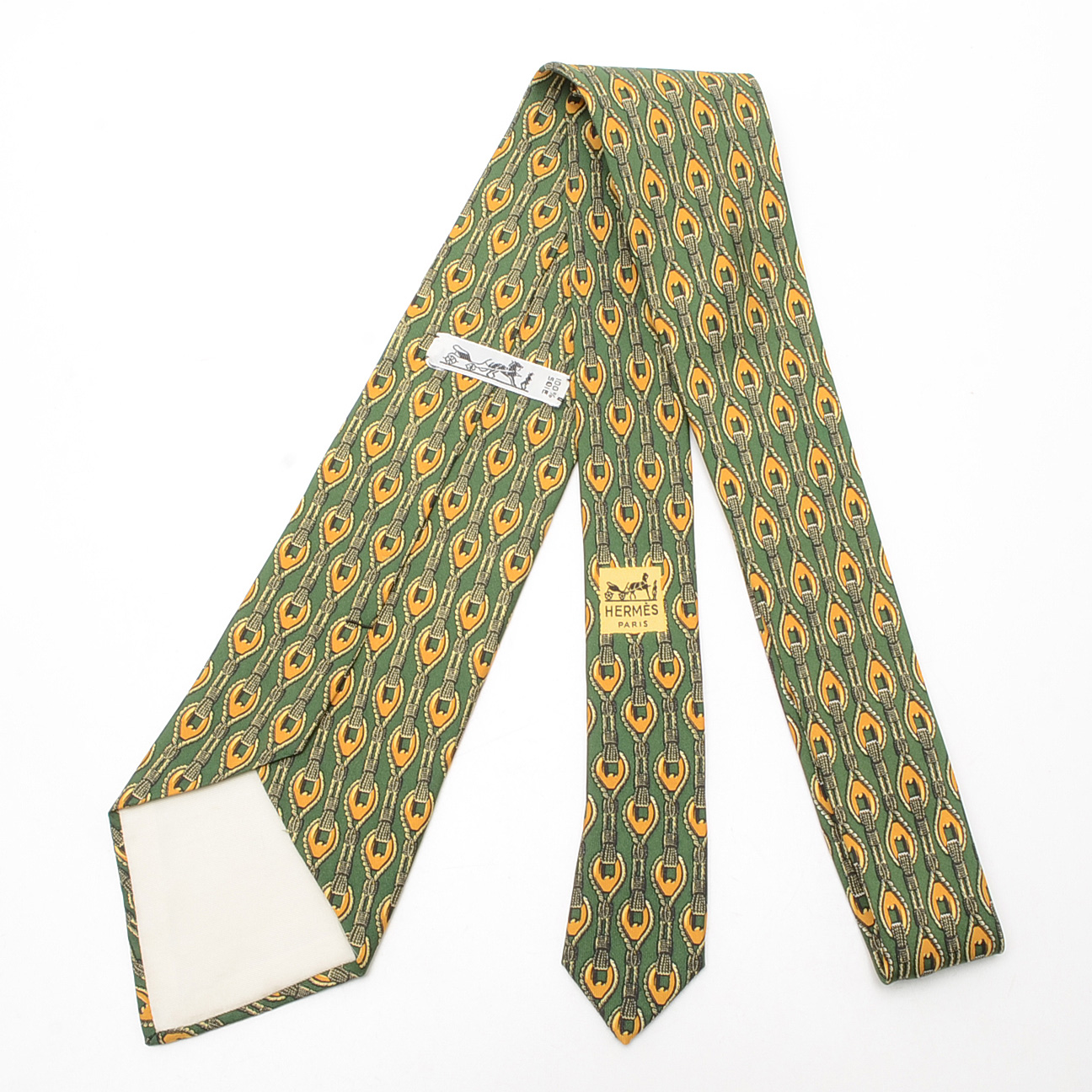 Hermès Silk Necktie in Green and Gold Rope Pattern, #619 TA, Made in France