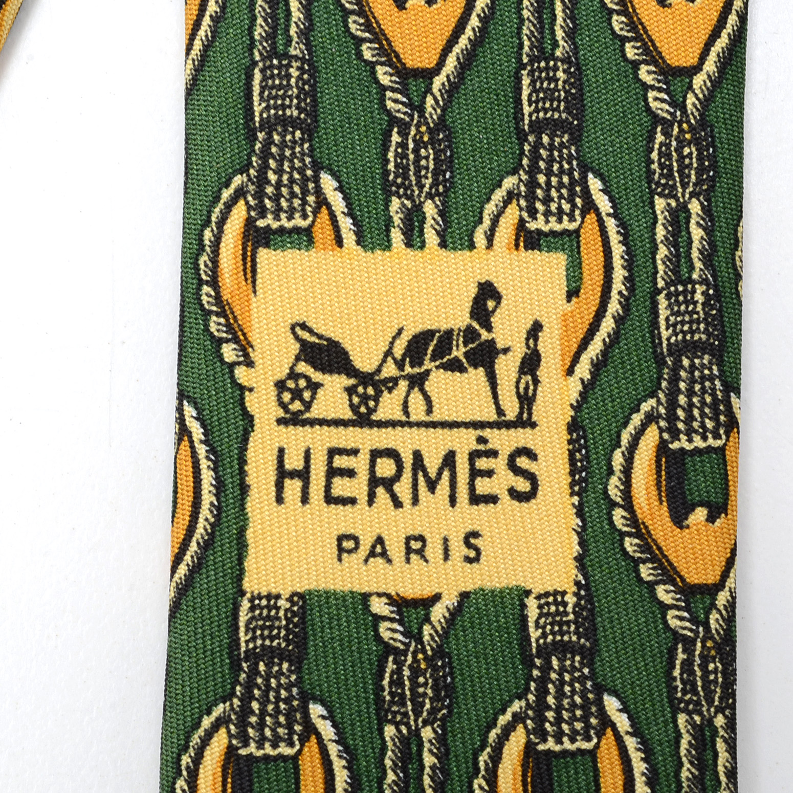 Hermès Silk Necktie in Green and Gold Rope Pattern, #619 TA, Made in France