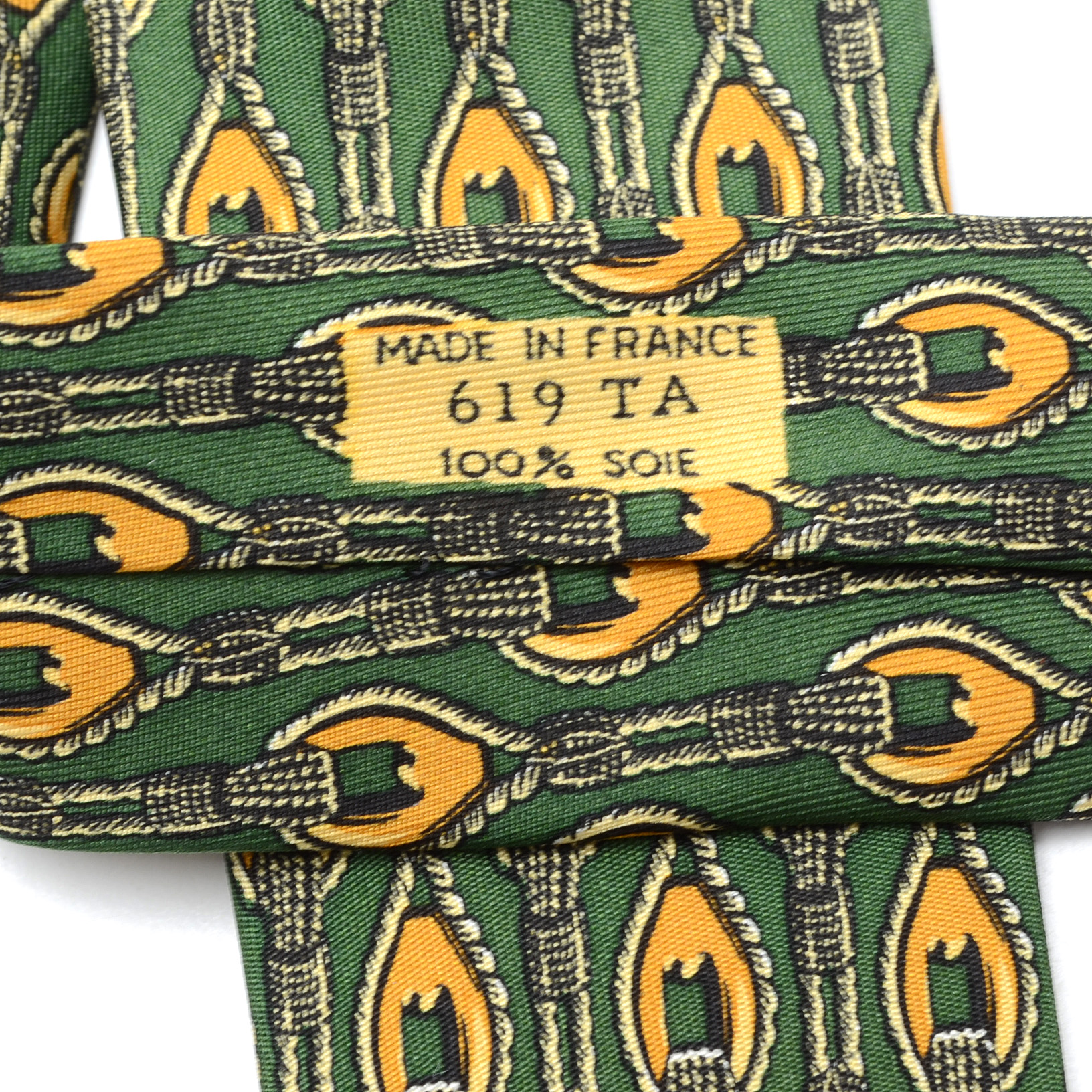 Hermès Silk Necktie in Green and Gold Rope Pattern, #619 TA, Made in France