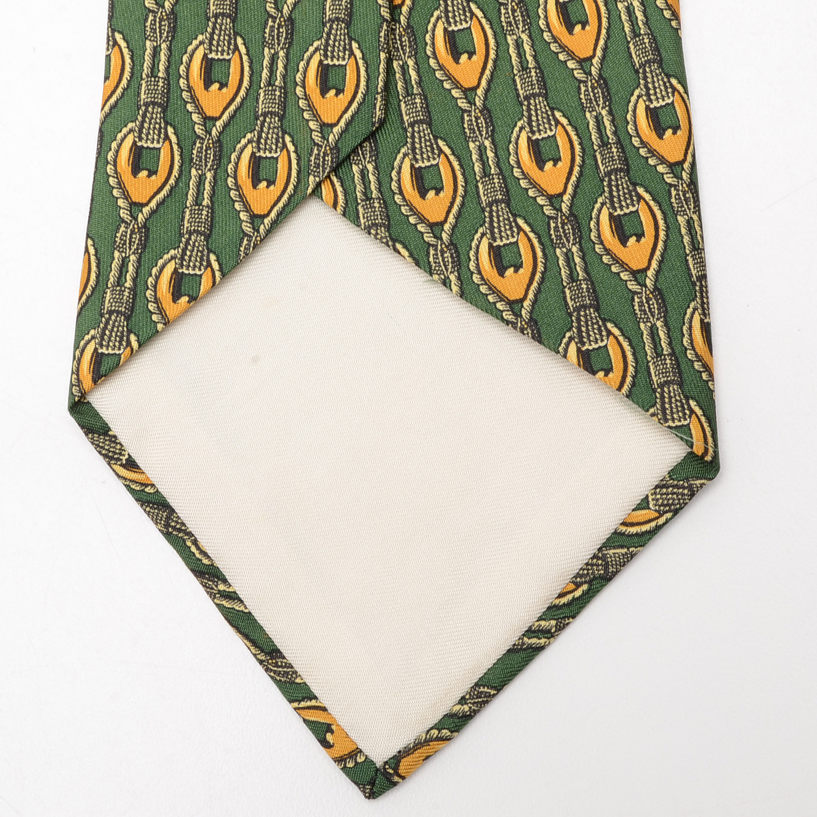 Hermès Silk Necktie in Green and Gold Rope Pattern, #619 TA, Made in France
