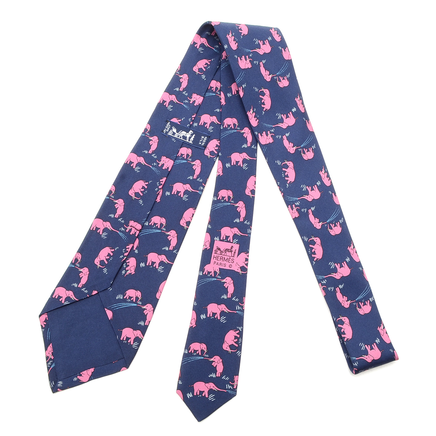 Hermès Silk Necktie with Pink Elephants, Pattern #7111OA, Made in France