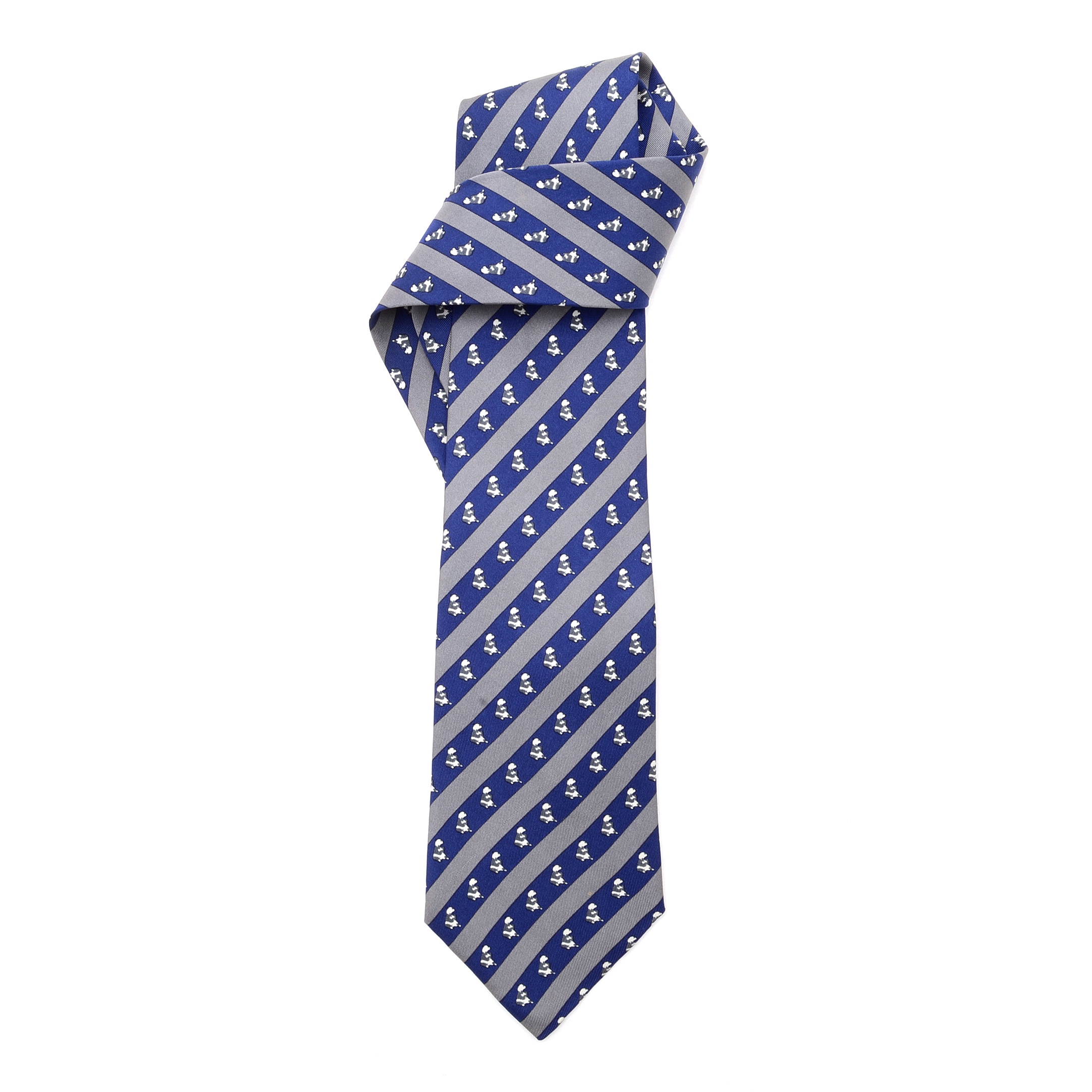 Hermès of Paris Silk Necktie with Bear in Blue and Gray Stripe, Made in France