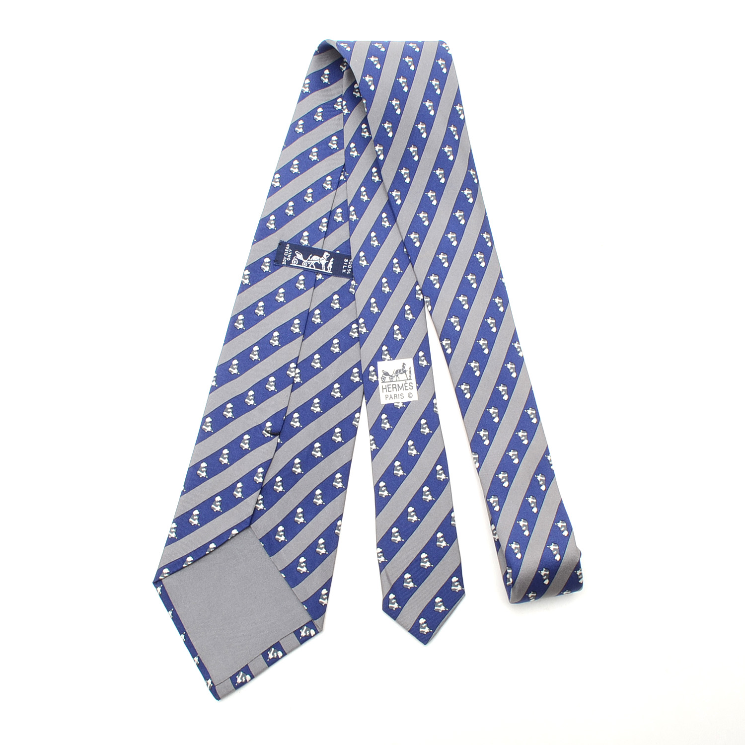 Hermès of Paris Silk Necktie with Bear in Blue and Gray Stripe, Made in France