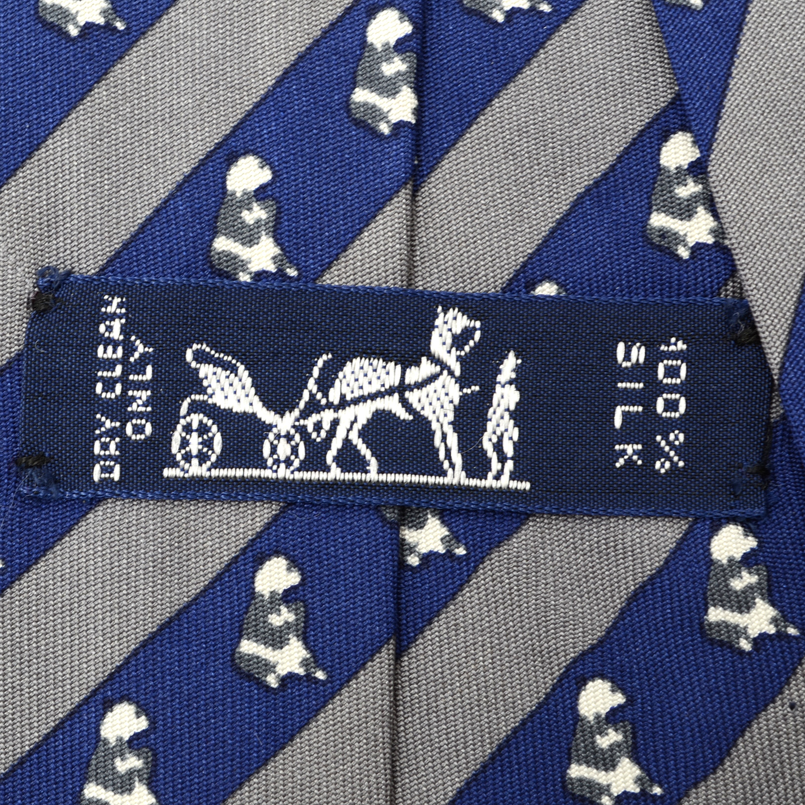 Hermès of Paris Silk Necktie with Bear in Blue and Gray Stripe, Made in France