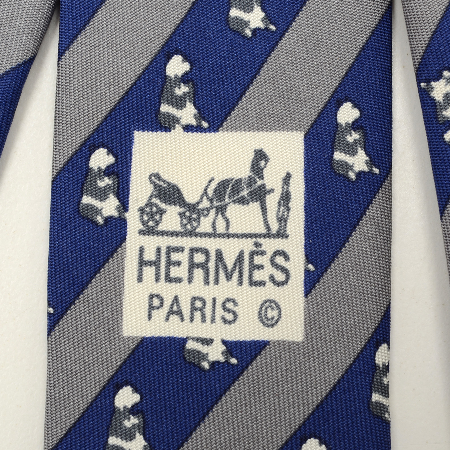 Hermès of Paris Silk Necktie with Bear in Blue and Gray Stripe, Made in France