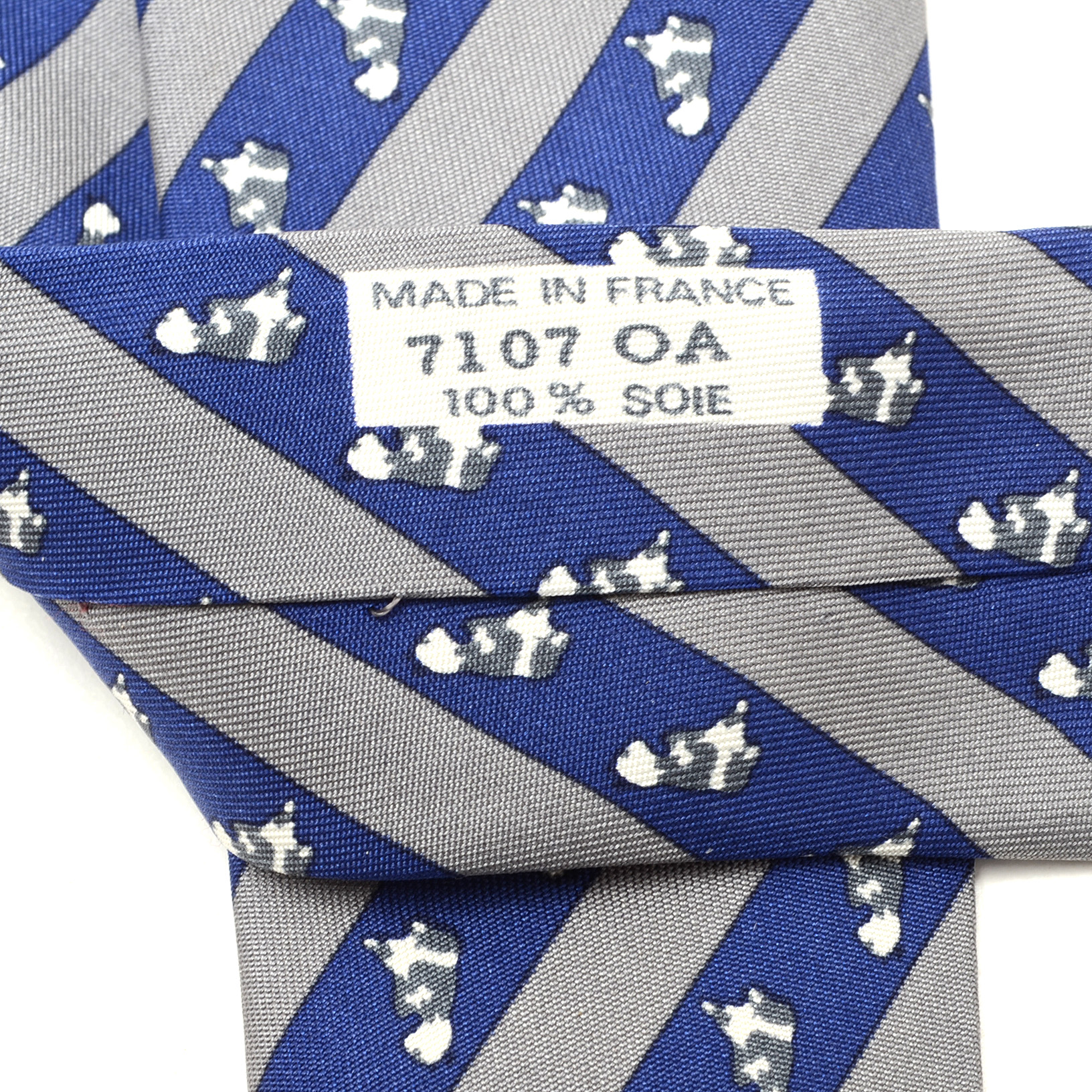 Hermès of Paris Silk Necktie with Bear in Blue and Gray Stripe, Made in France