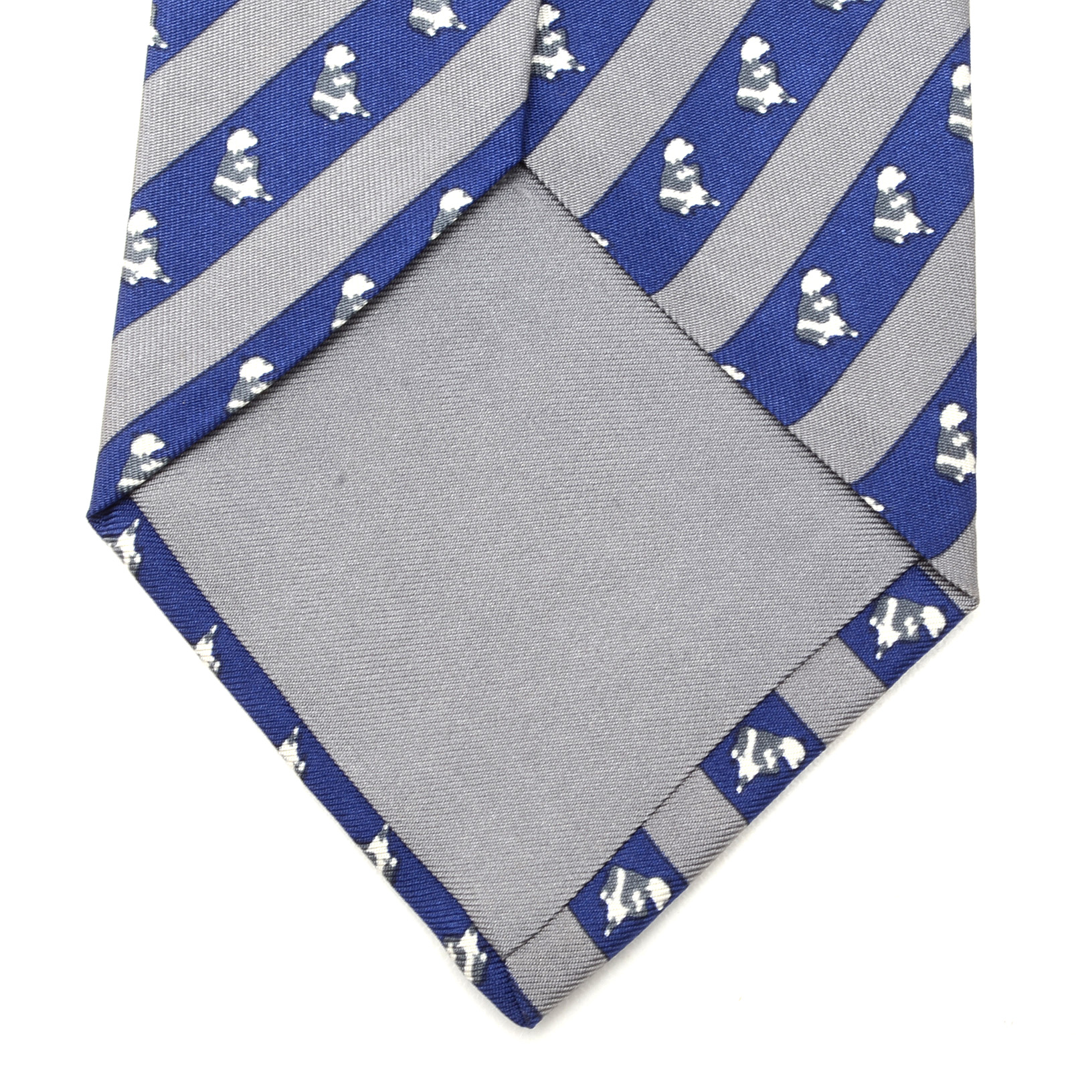 Hermès of Paris Silk Necktie with Bear in Blue and Gray Stripe, Made in France