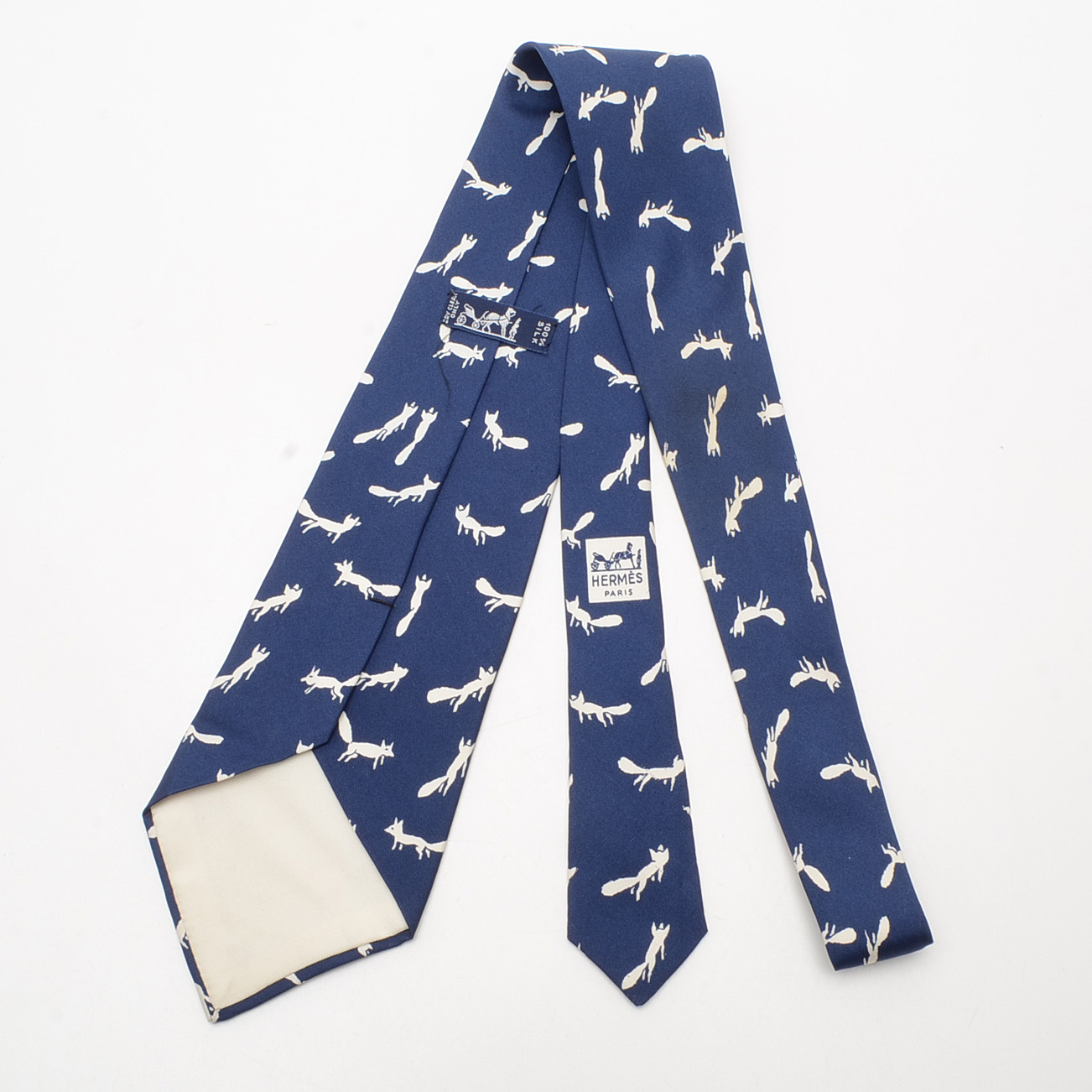 Hermès of Paris Navy Blue and White Silk Fox #378 EA Necktie