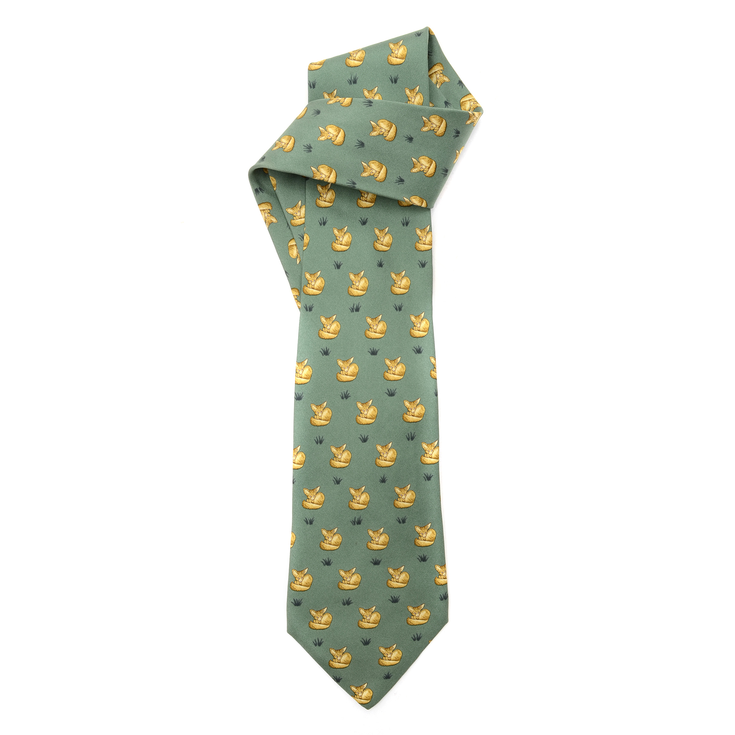 Hermès Sage Green Silk “Fox” Necktie, Pattern 7436 HA, Made in France