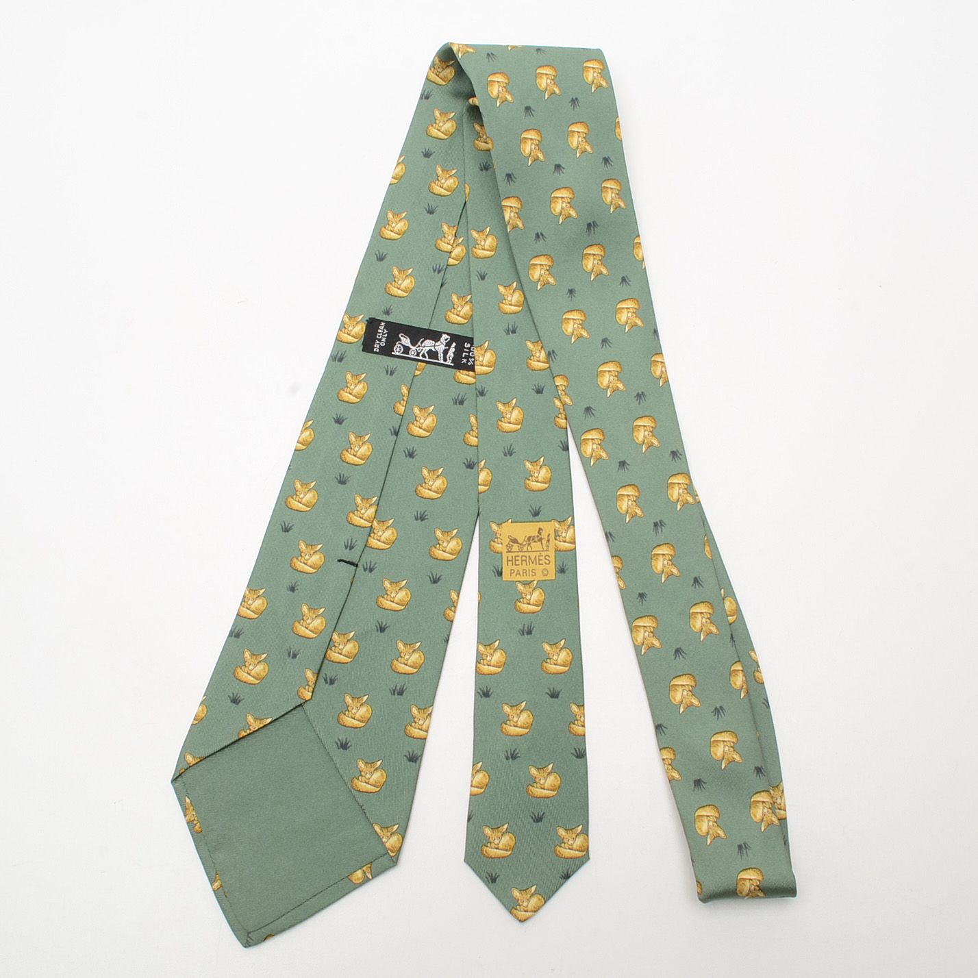Hermès Sage Green Silk “Fox” Necktie, Pattern 7436 HA, Made in France