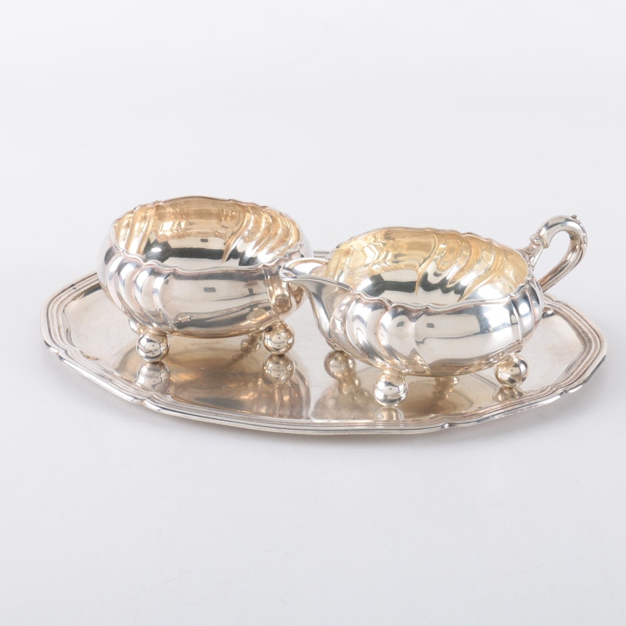 Gebrüder Deyhle German 830 Silver Creamer and Sugar Bowl with Platter