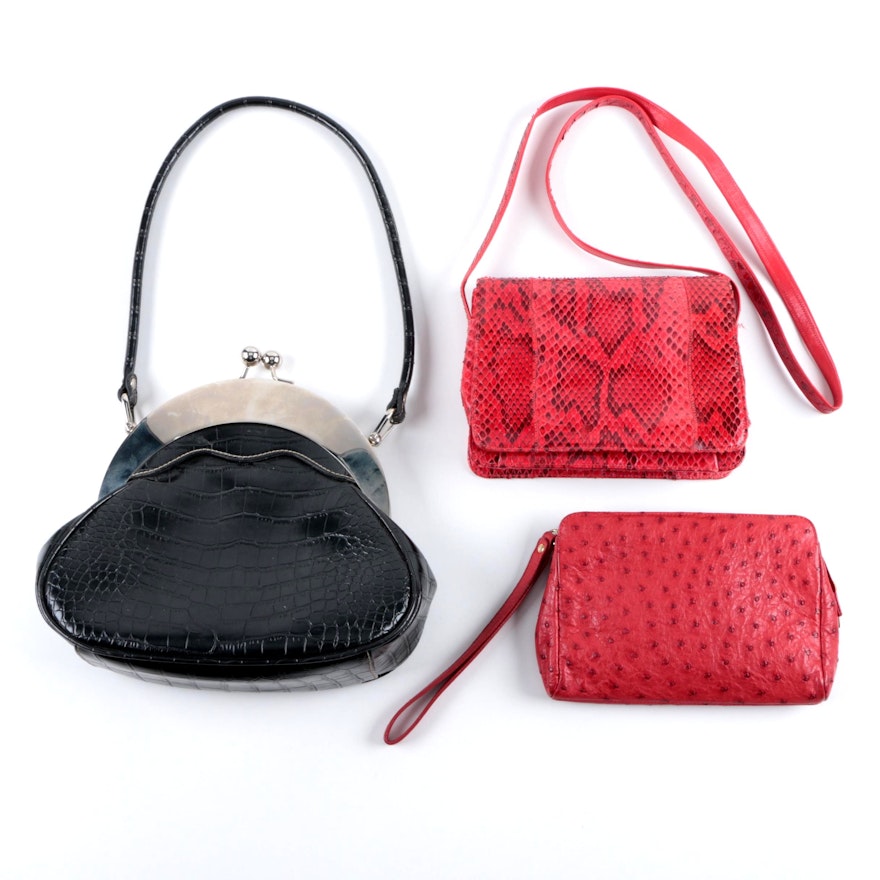 Vintage Ostrich, Python and Embossed Leather Handbags