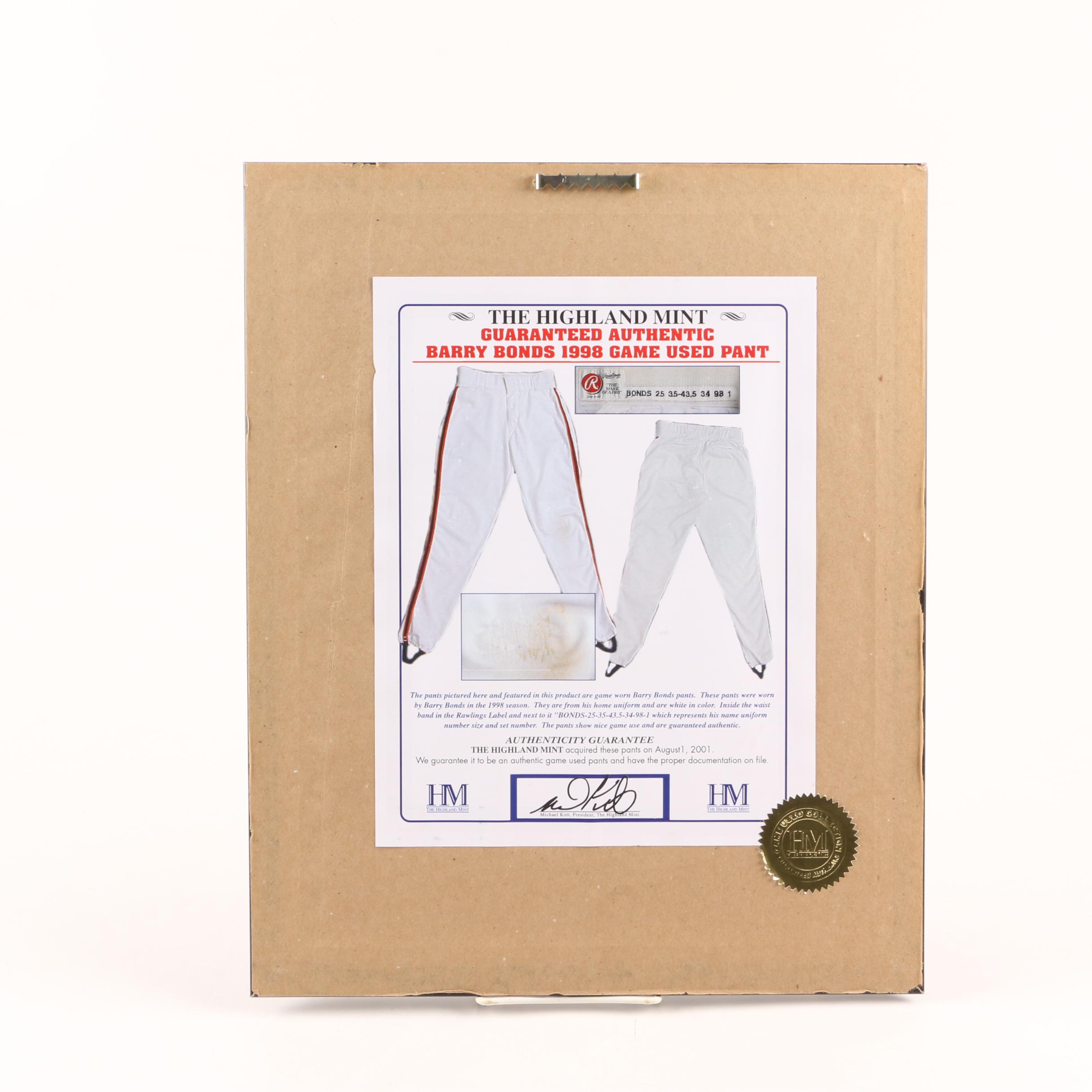 The Highland Mint Framed Game Worn Barry Bonds Pants Swatch and Photograph