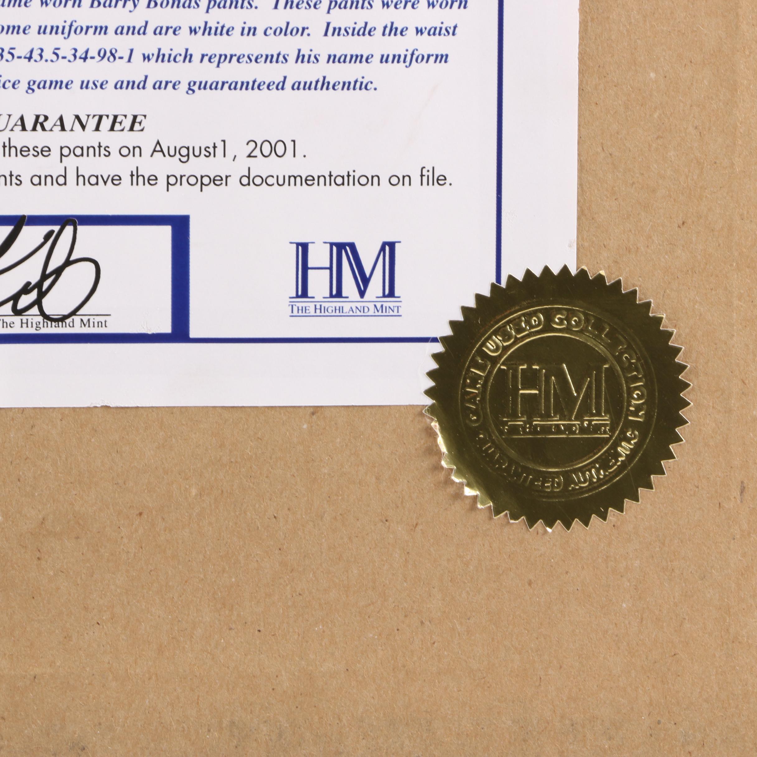 The Highland Mint Framed Game Worn Barry Bonds Pants Swatch and Photograph