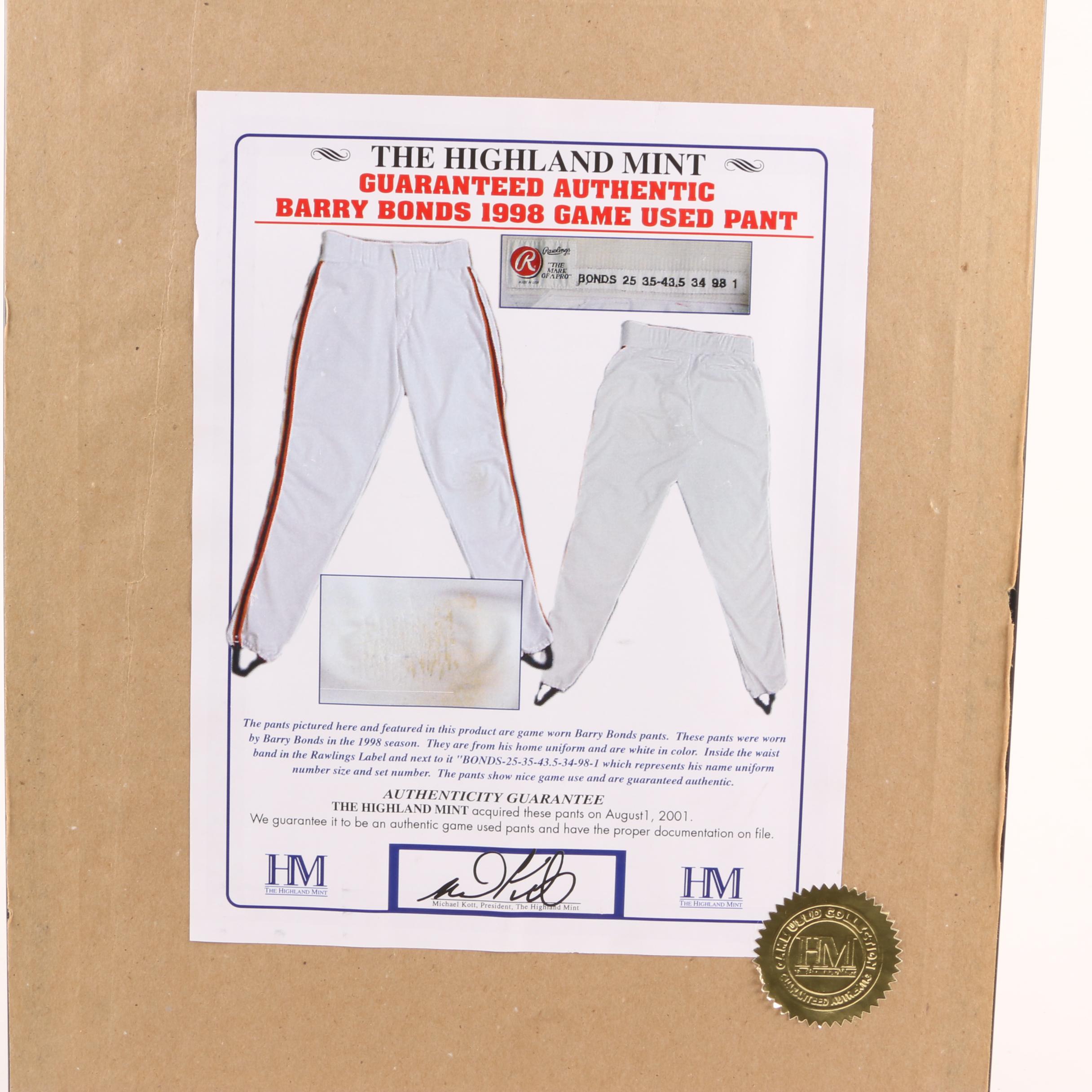 The Highland Mint Framed Game Worn Barry Bonds Pants Swatch and Photograph