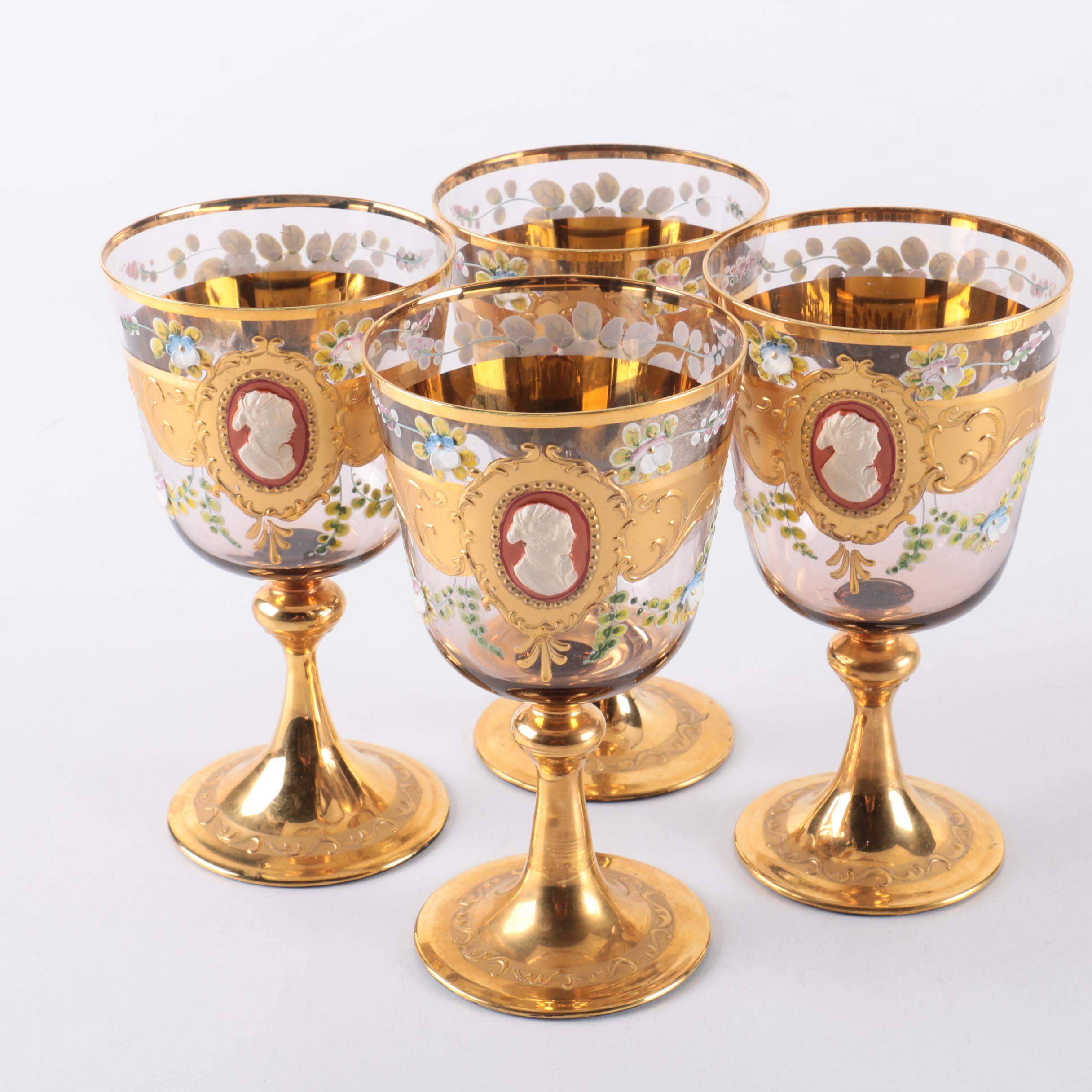Set of Vintage Bohemian Enamel and Gilt Cameo Wine Glasses