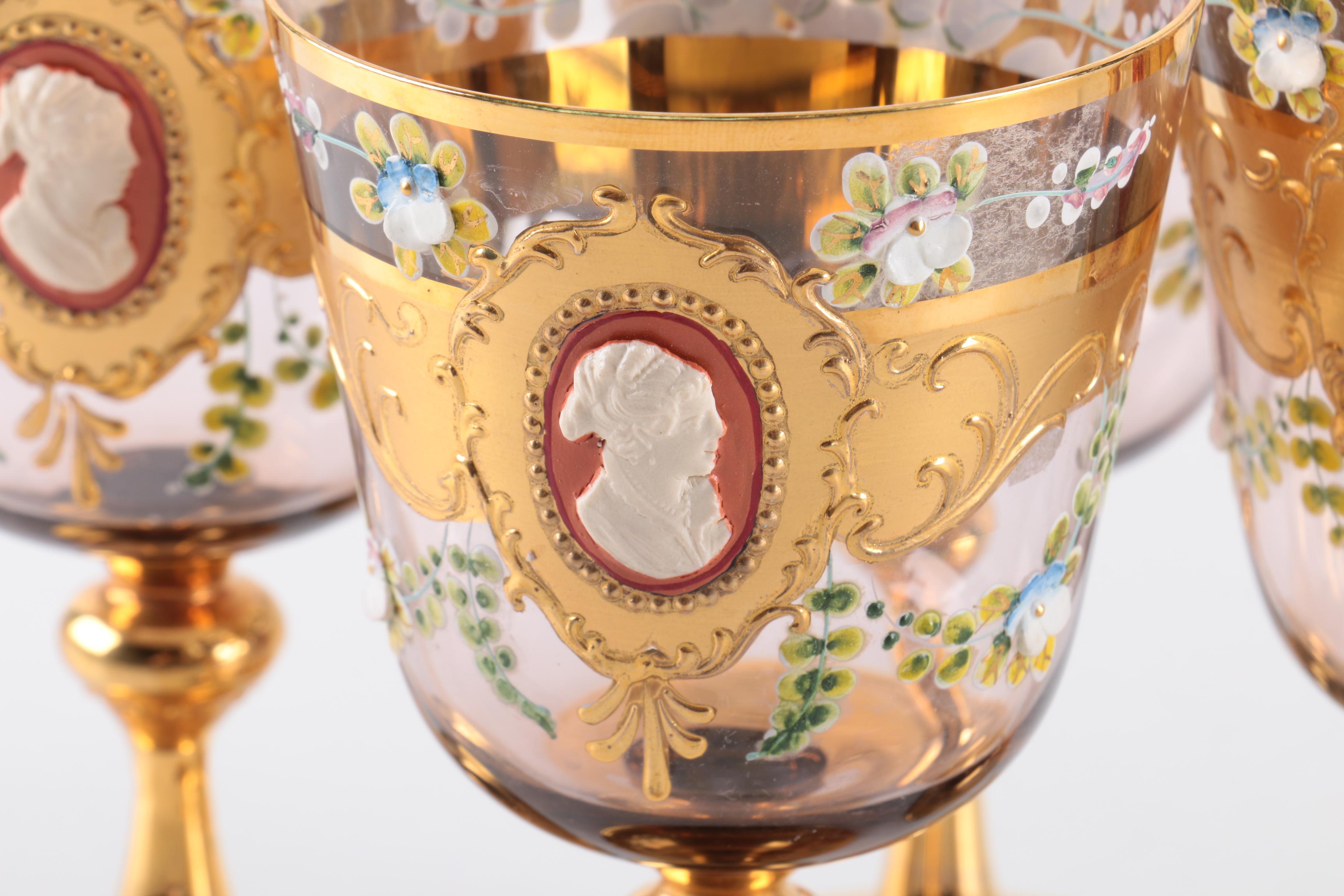 Set of Vintage Bohemian Enamel and Gilt Cameo Wine Glasses