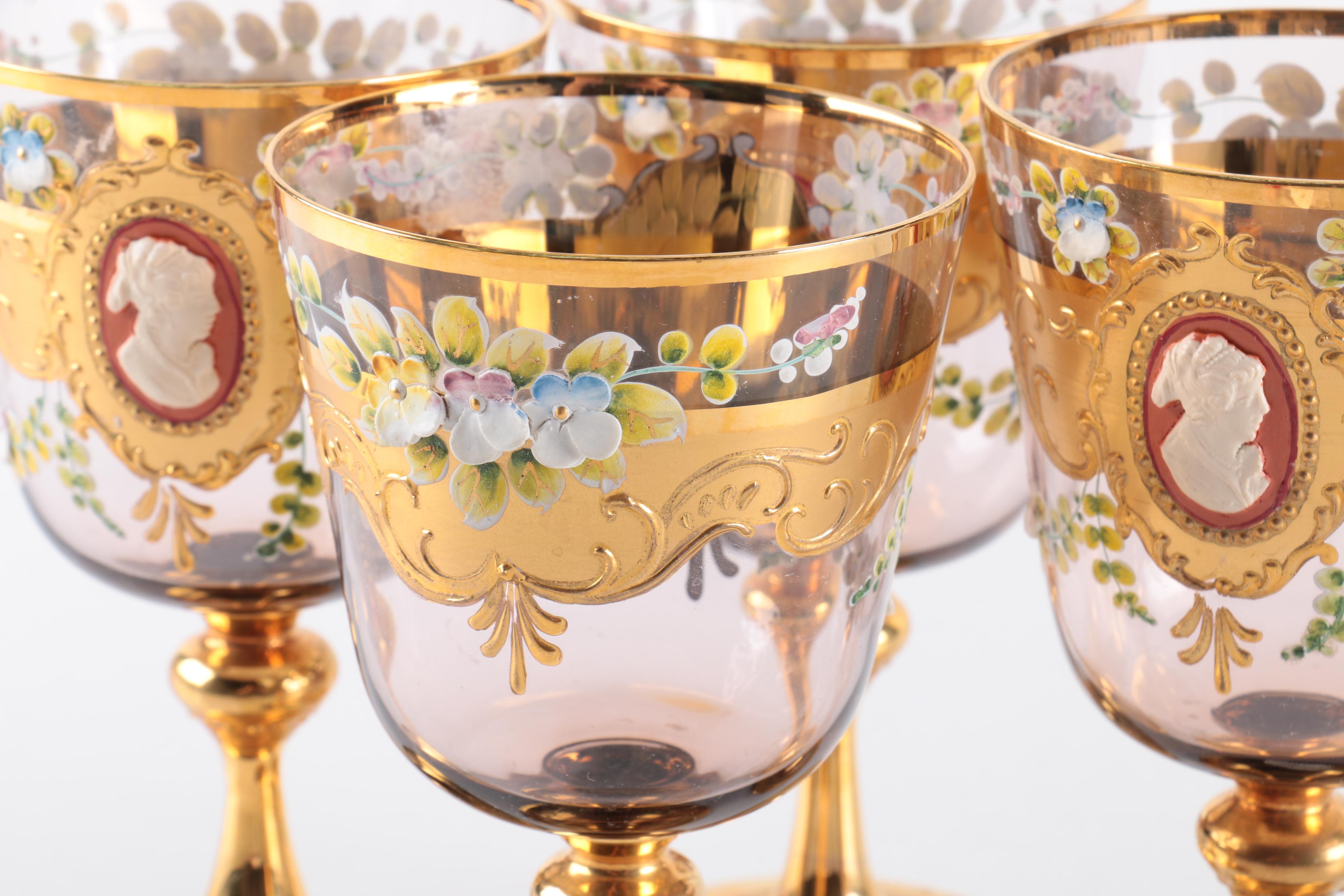 Set of Vintage Bohemian Enamel and Gilt Cameo Wine Glasses