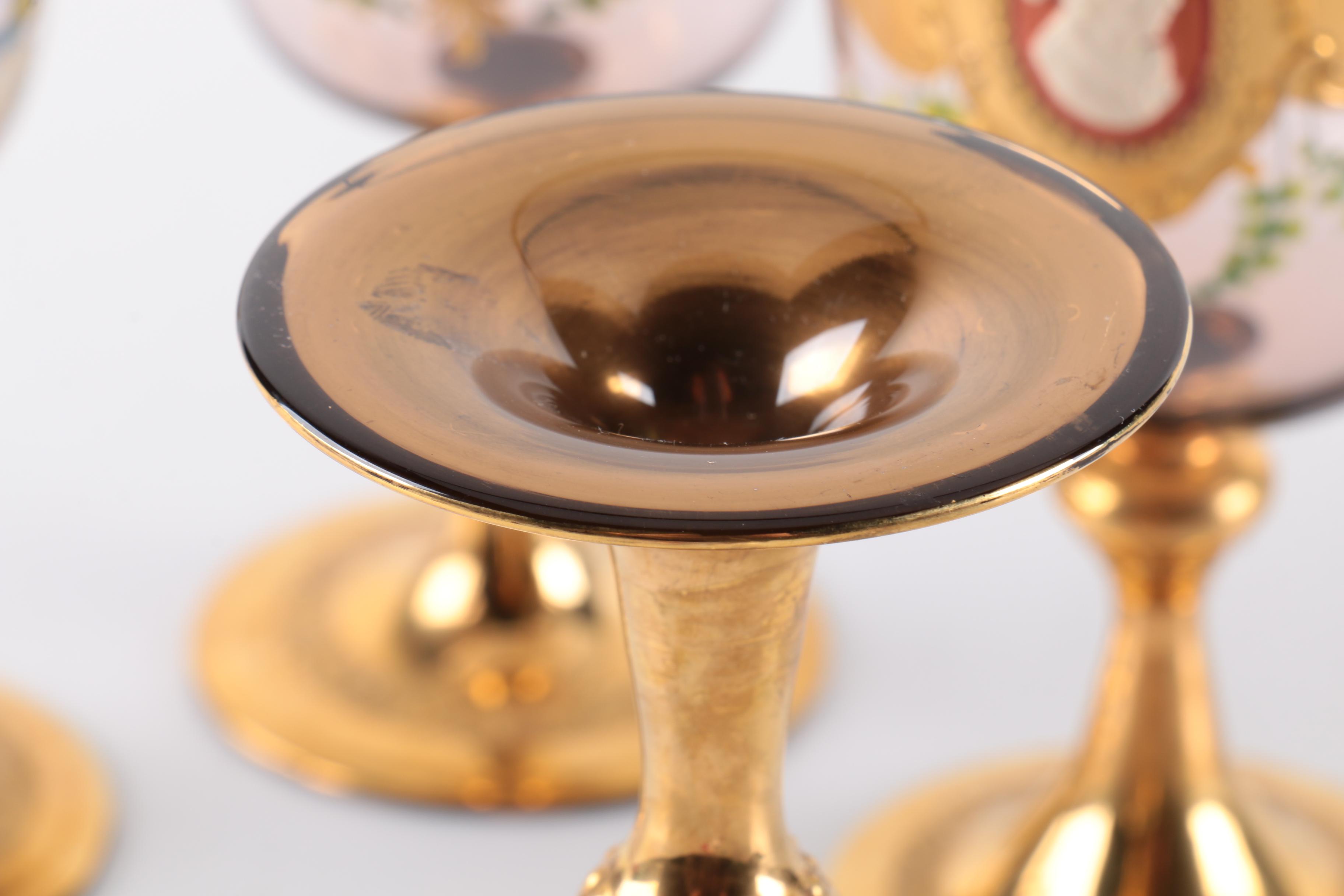 Set of Vintage Bohemian Enamel and Gilt Cameo Wine Glasses