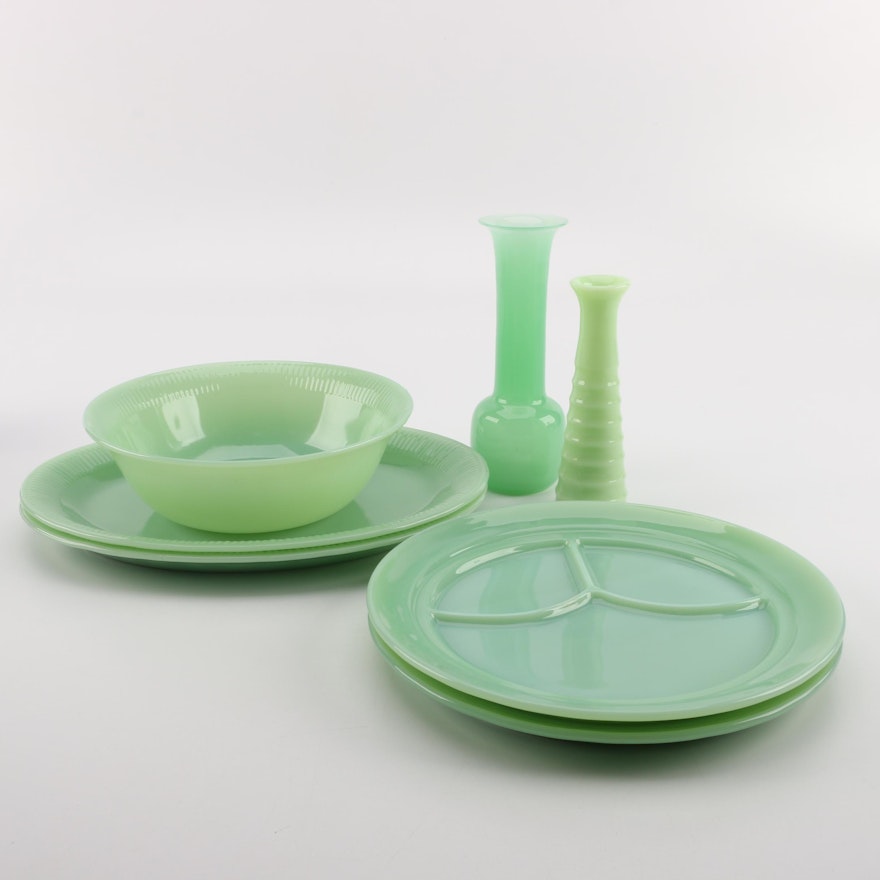 Vintage Green Glass Tableware and Accessories Featuring Fire King Jadeite