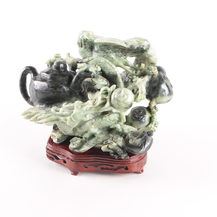 Chinese Serpentine Carving of Dragons With A Teapot On Wood Base