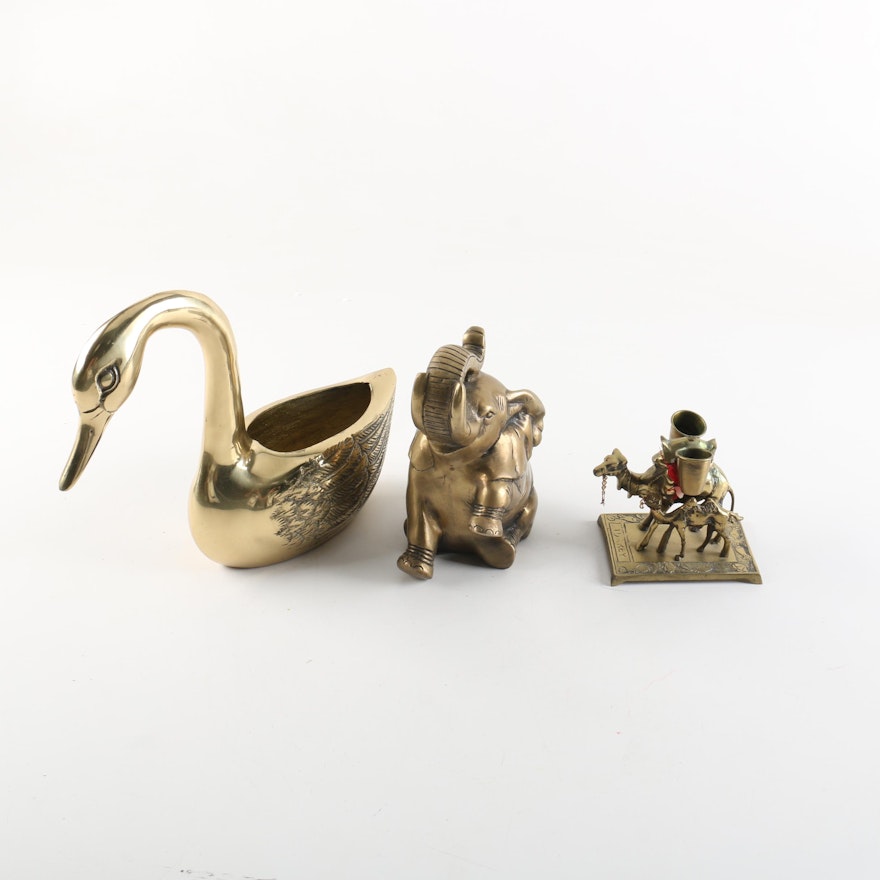 Brass Swan, Elephant, and Camel Figurines