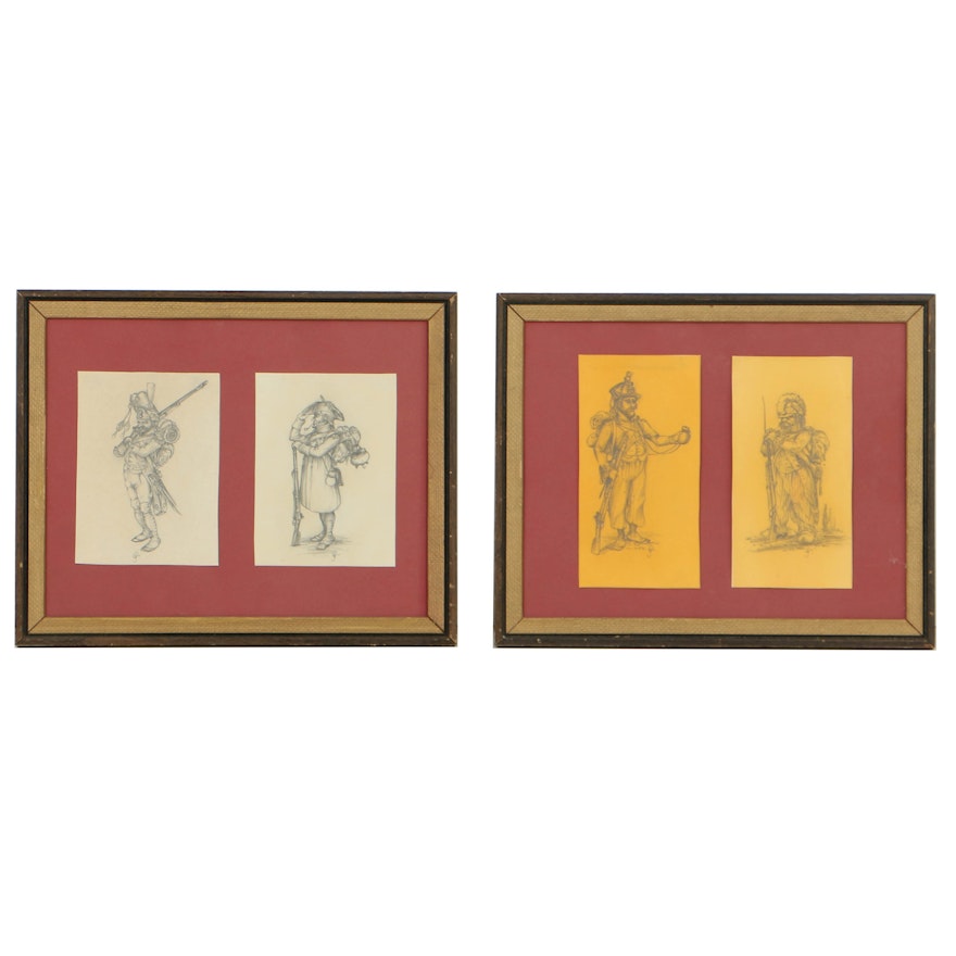 Framed Early 19th Century Graphite Caricatures on Paper of Poilus
