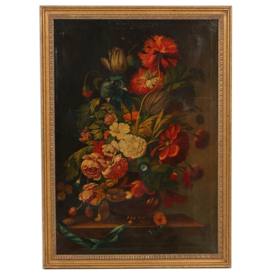 19th Century Continental School Oil Painting on Canvas Floral Still Life