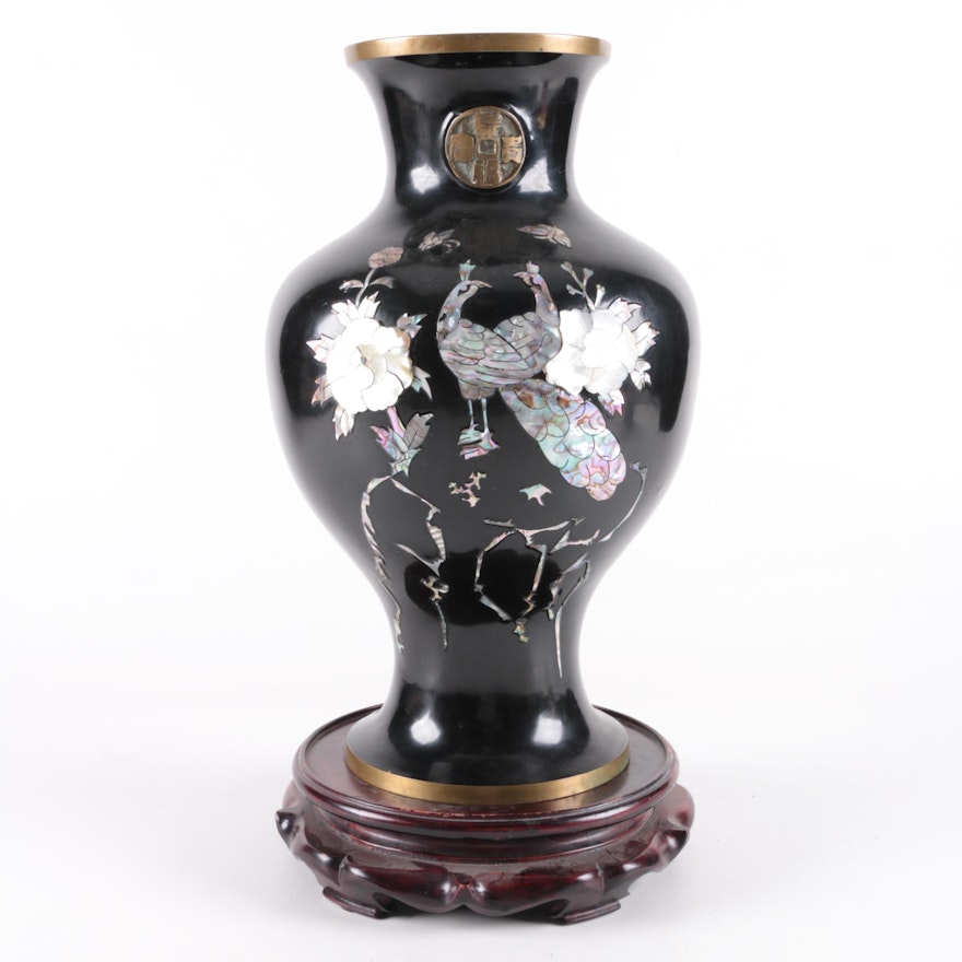 Chinese Enamel on Brass Vase with Mother of Pearl and Abalone Inlay