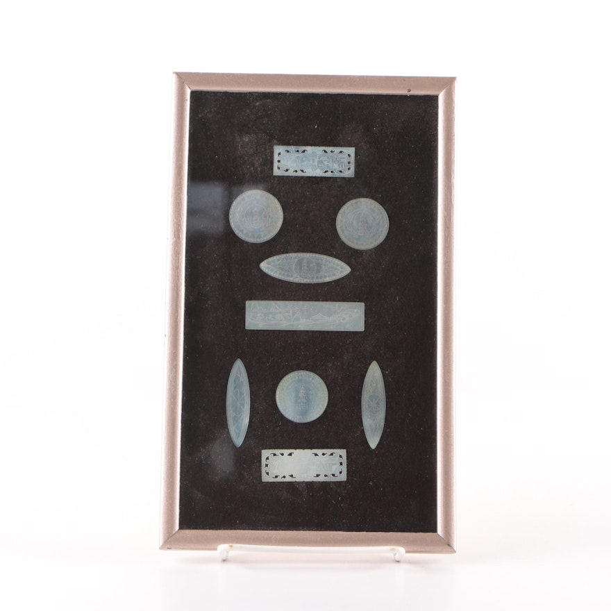 Chinese Mother of Pearl Engraved Gaming Counters In Frame