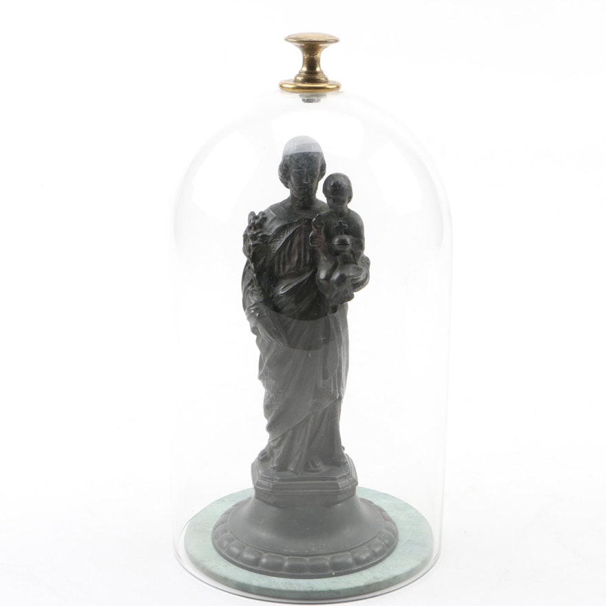 Bronze-Tone Metal Joseph and Jesus Figurine with Glass Dome and Marble Base