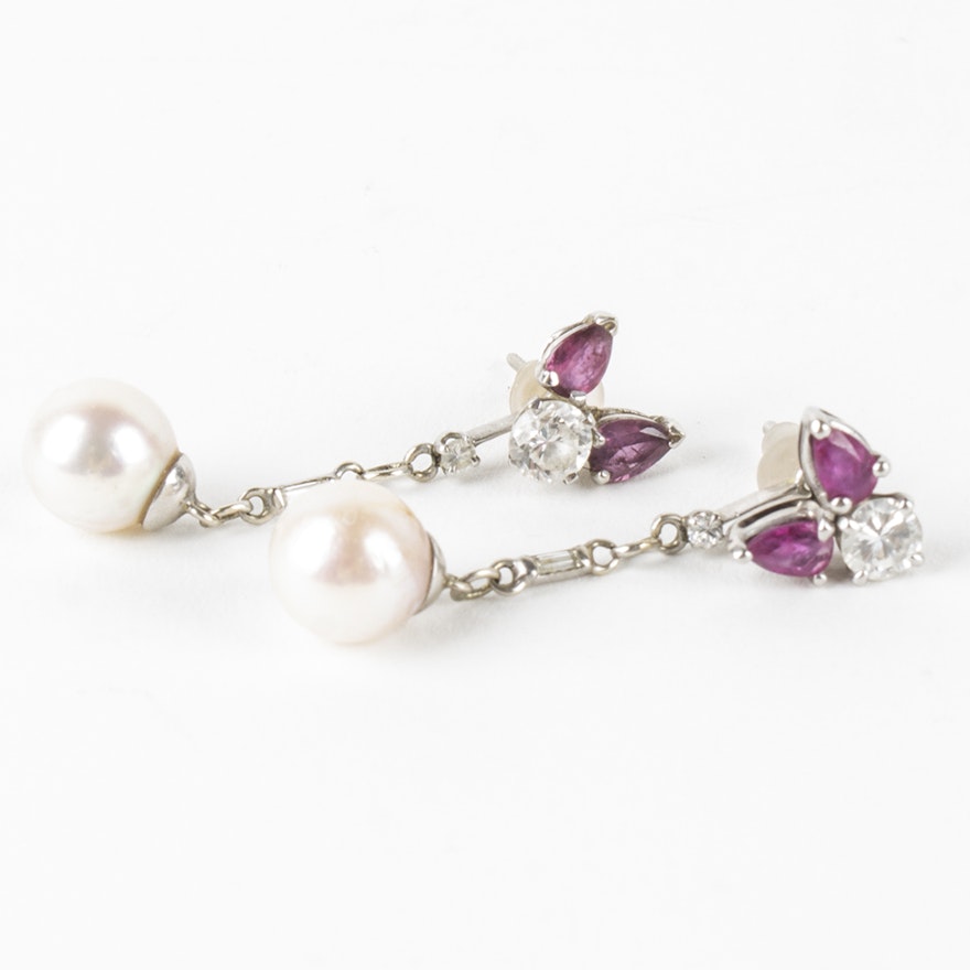 Platinum and White Gold Ruby, Diamond and Pearl Earrings