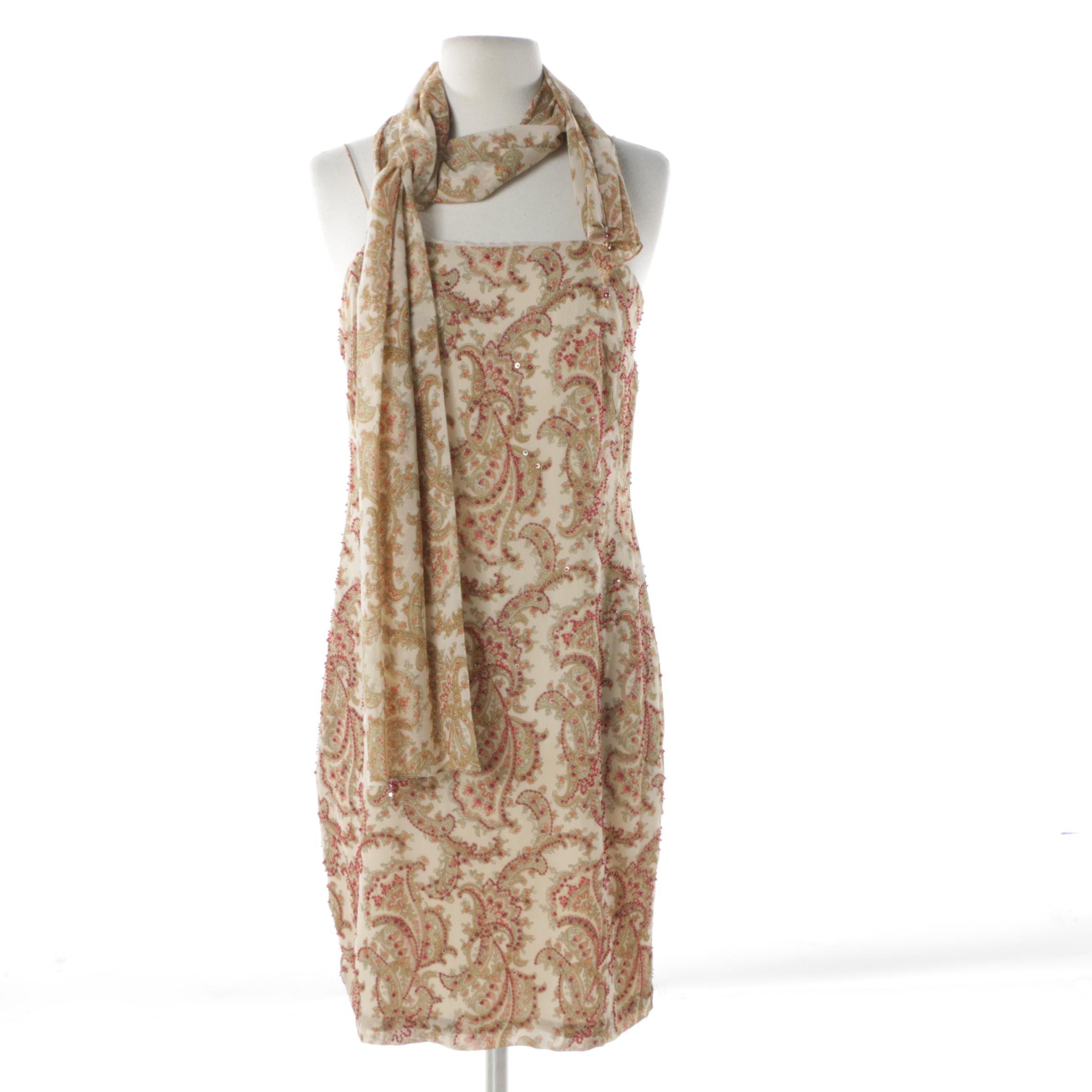 Kay Unger Beaded Paisley Silk Dress with Sash