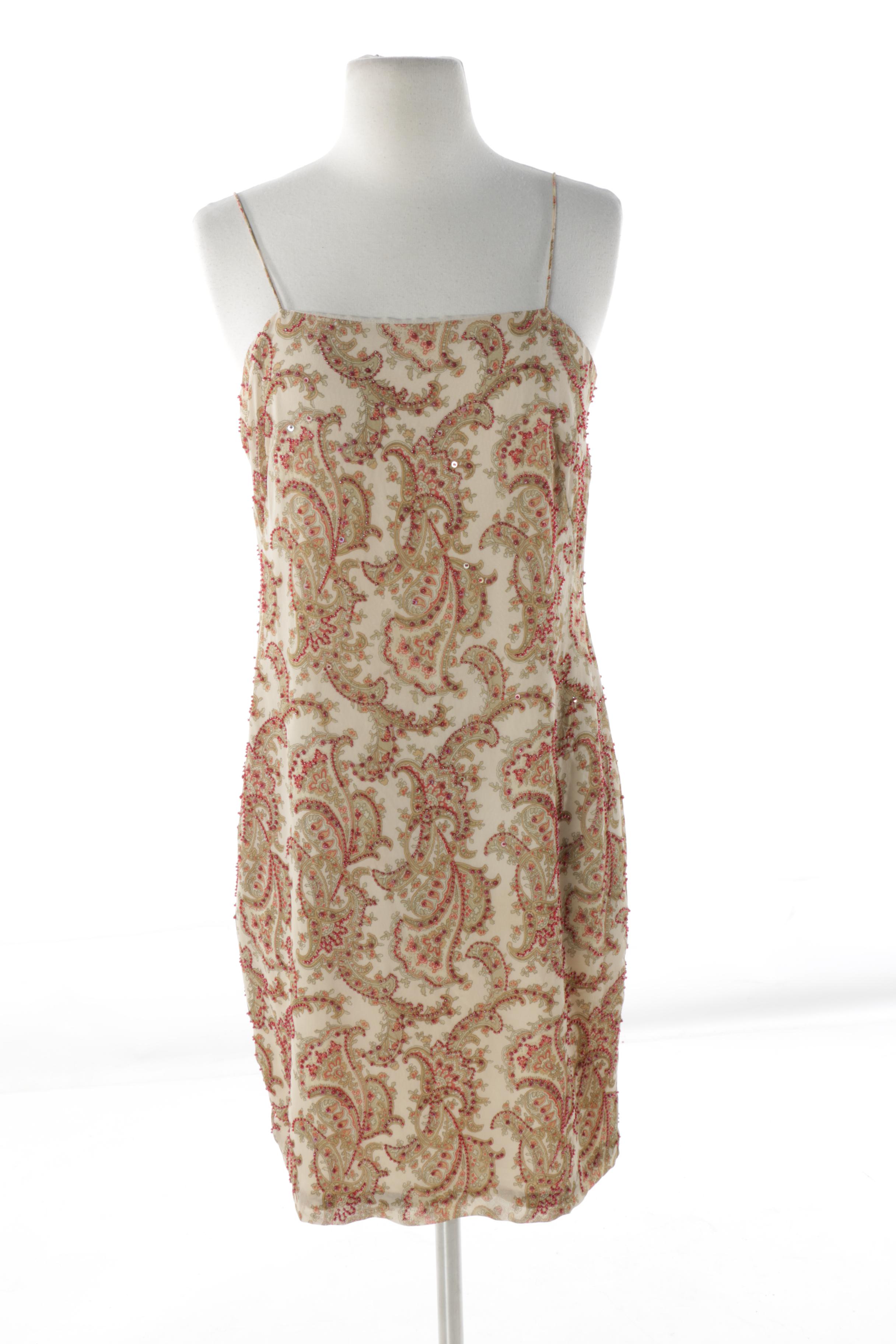 Kay Unger Beaded Paisley Silk Dress with Sash