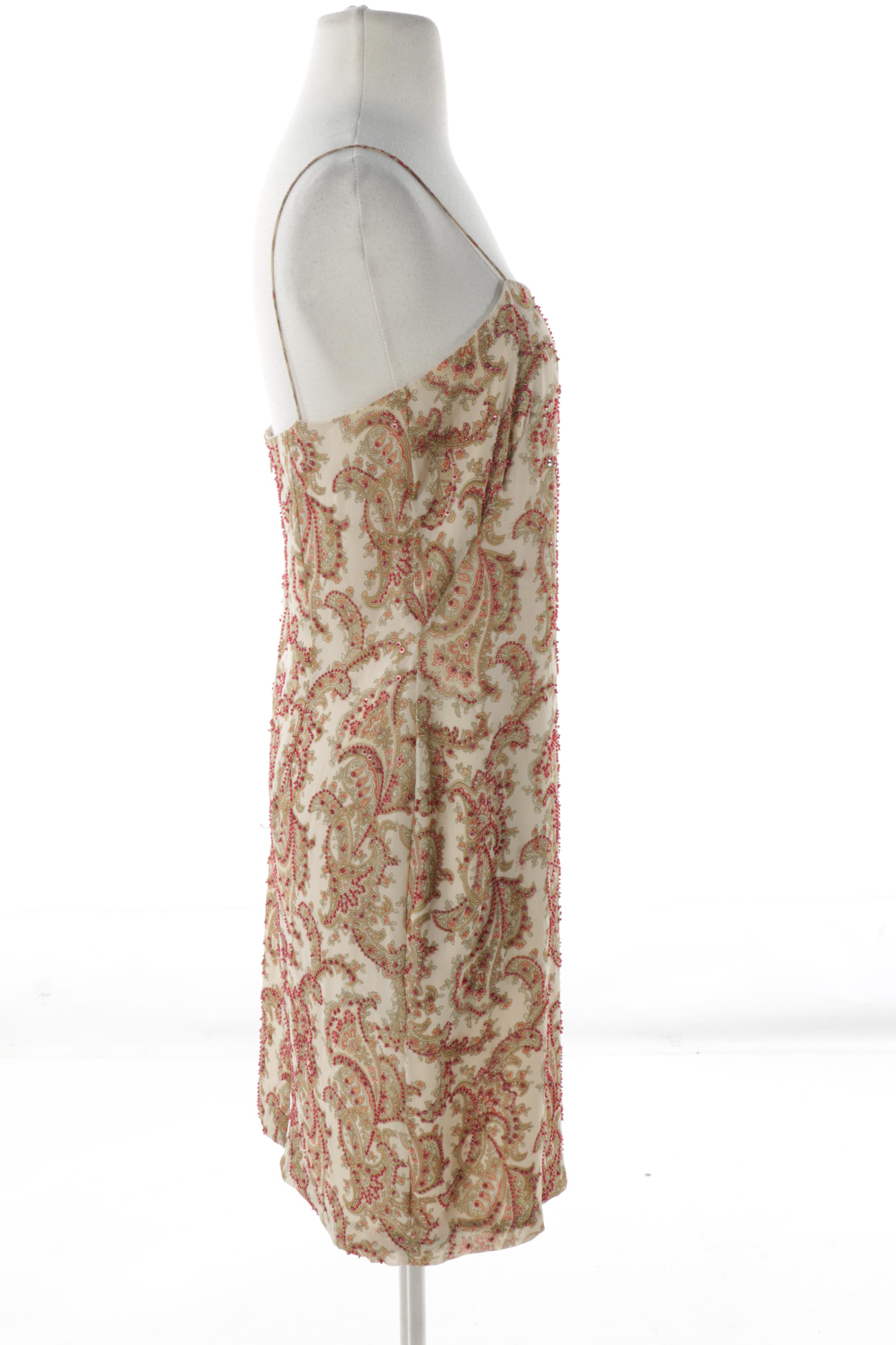 Kay Unger Beaded Paisley Silk Dress with Sash
