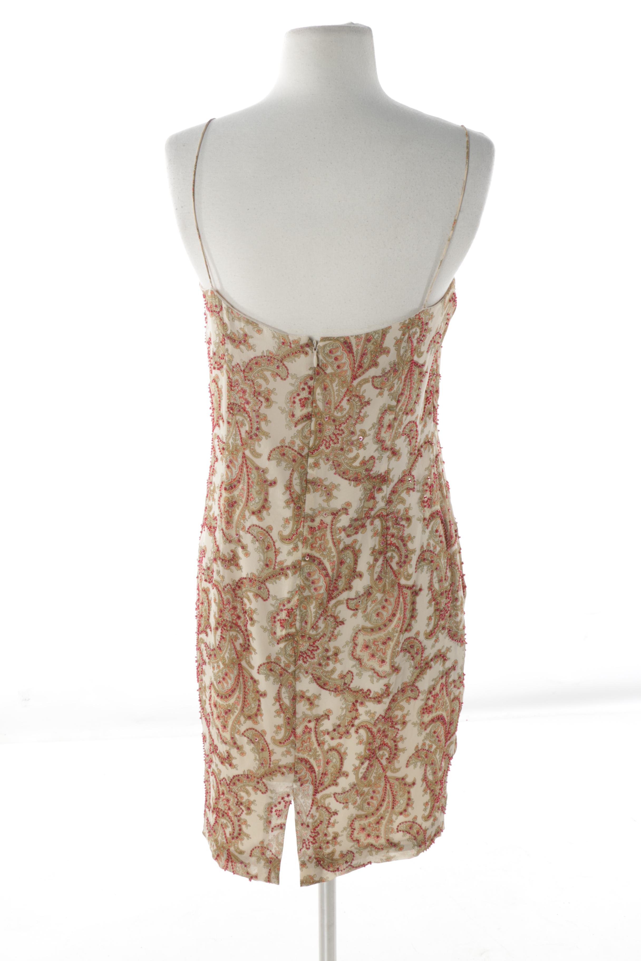 Kay Unger Beaded Paisley Silk Dress with Sash