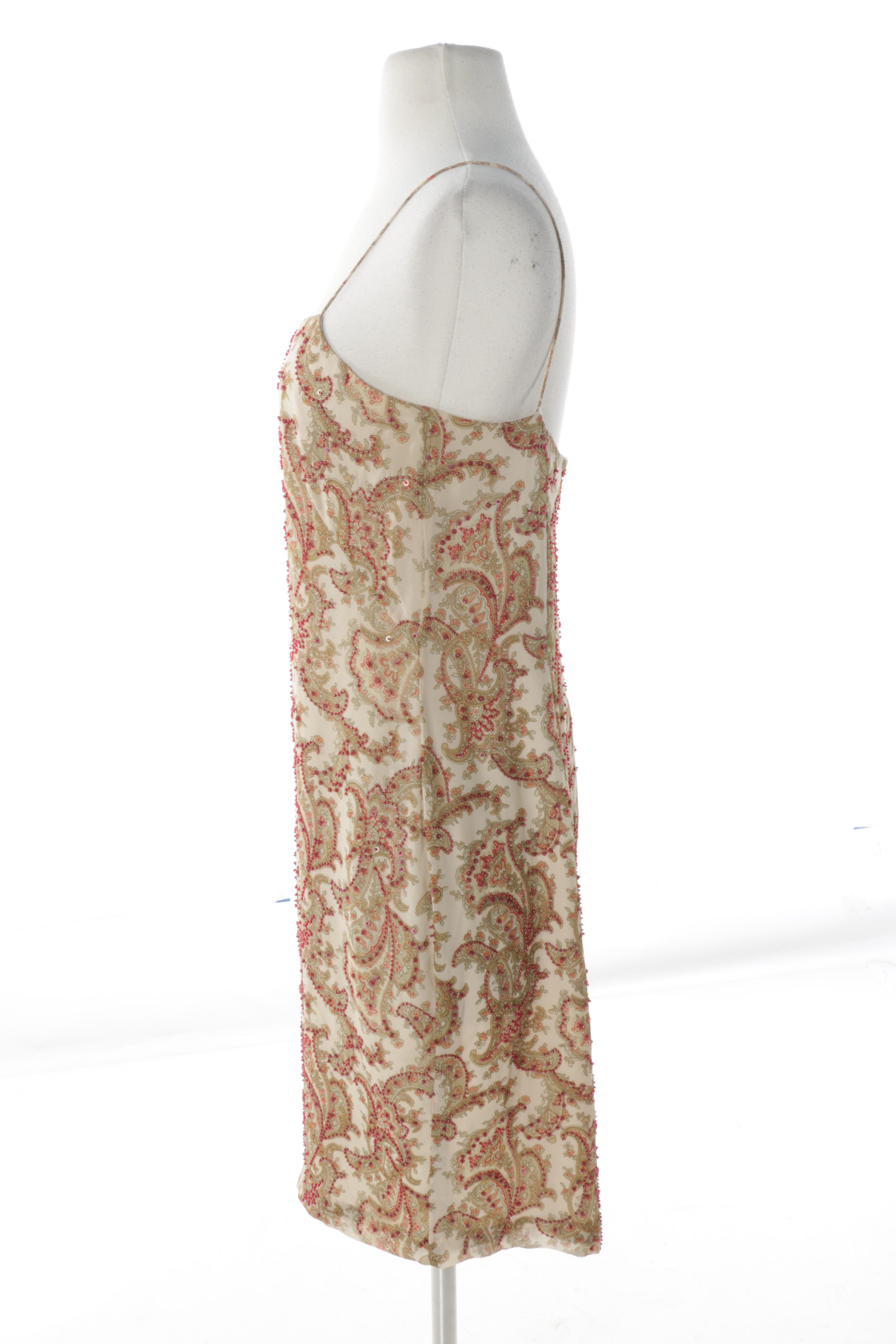 Kay Unger Beaded Paisley Silk Dress with Sash