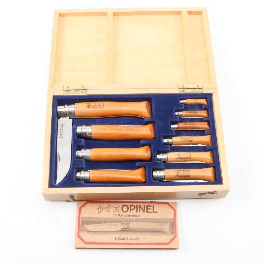 Set of Opinal Wood-Handled Knives with Case