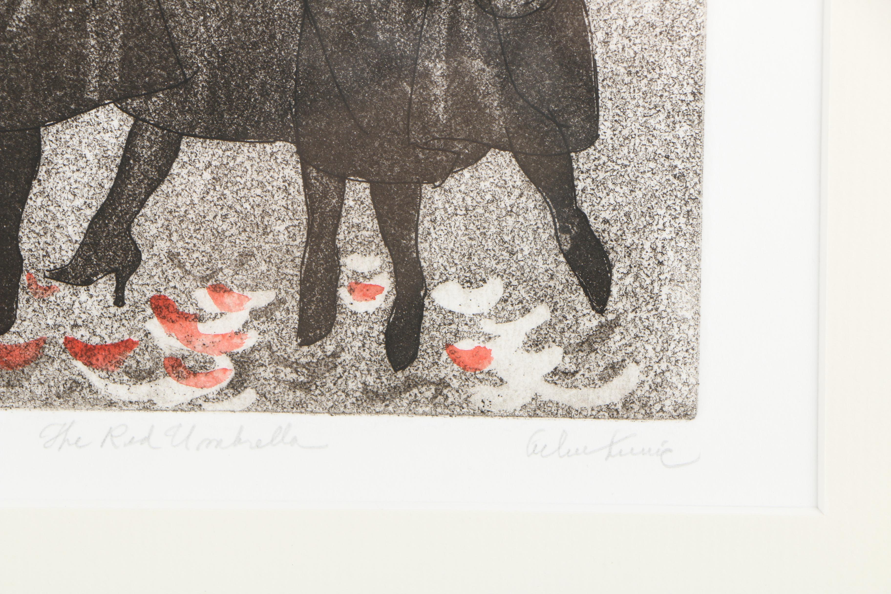 Helen Kunic Late 20th Century Etching with Aquatint "The Red Umbrella"