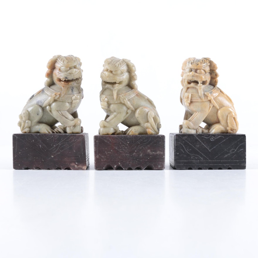 Three Soapstone Guardian Lion Figurines on Soapstone Bases