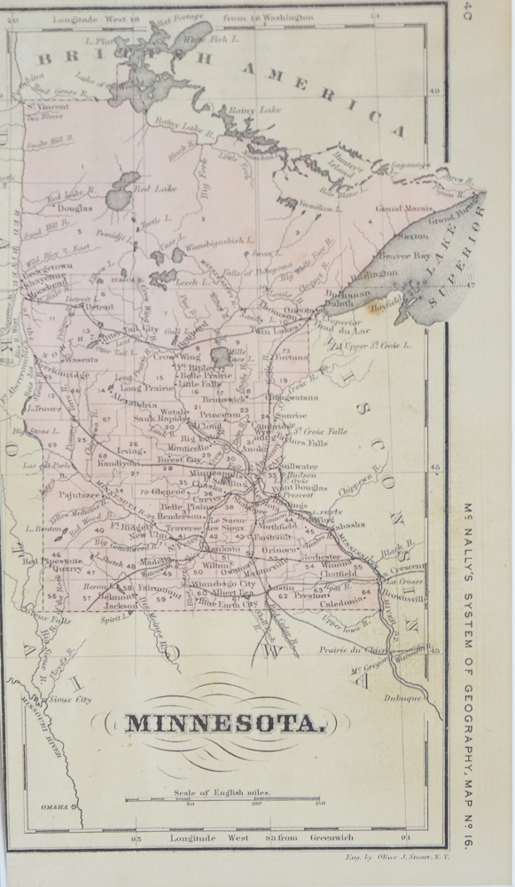 Circa 1860s Map of Minnesota from "McNally's System of Geography"