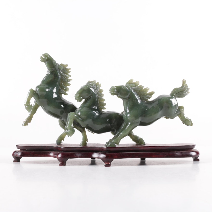 Nephrite Carving of Three Horses with Wooden Base