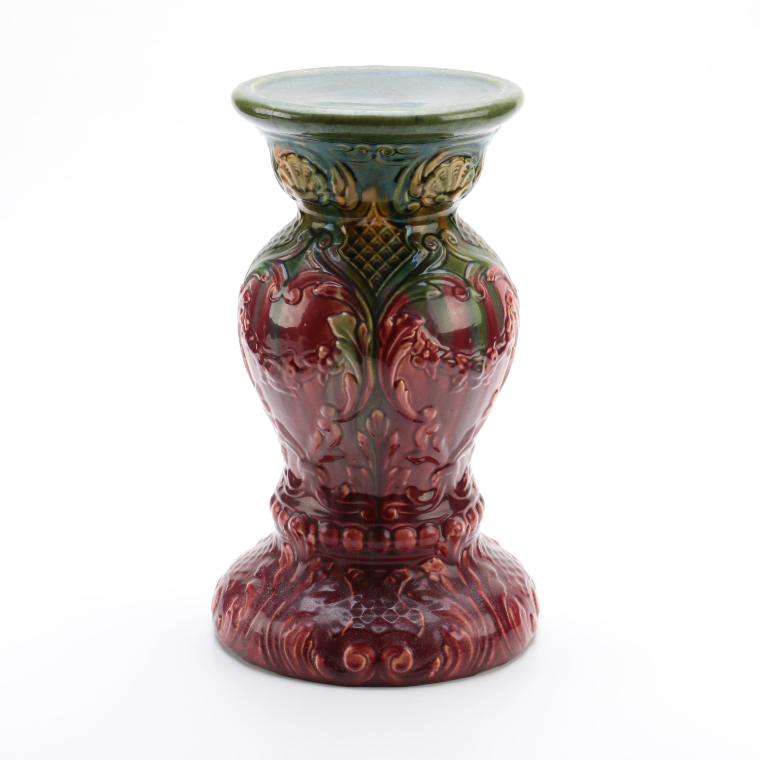 Glazed Ceramic Majolica Style Jardiniere Stand with Scrolling Foliate Design