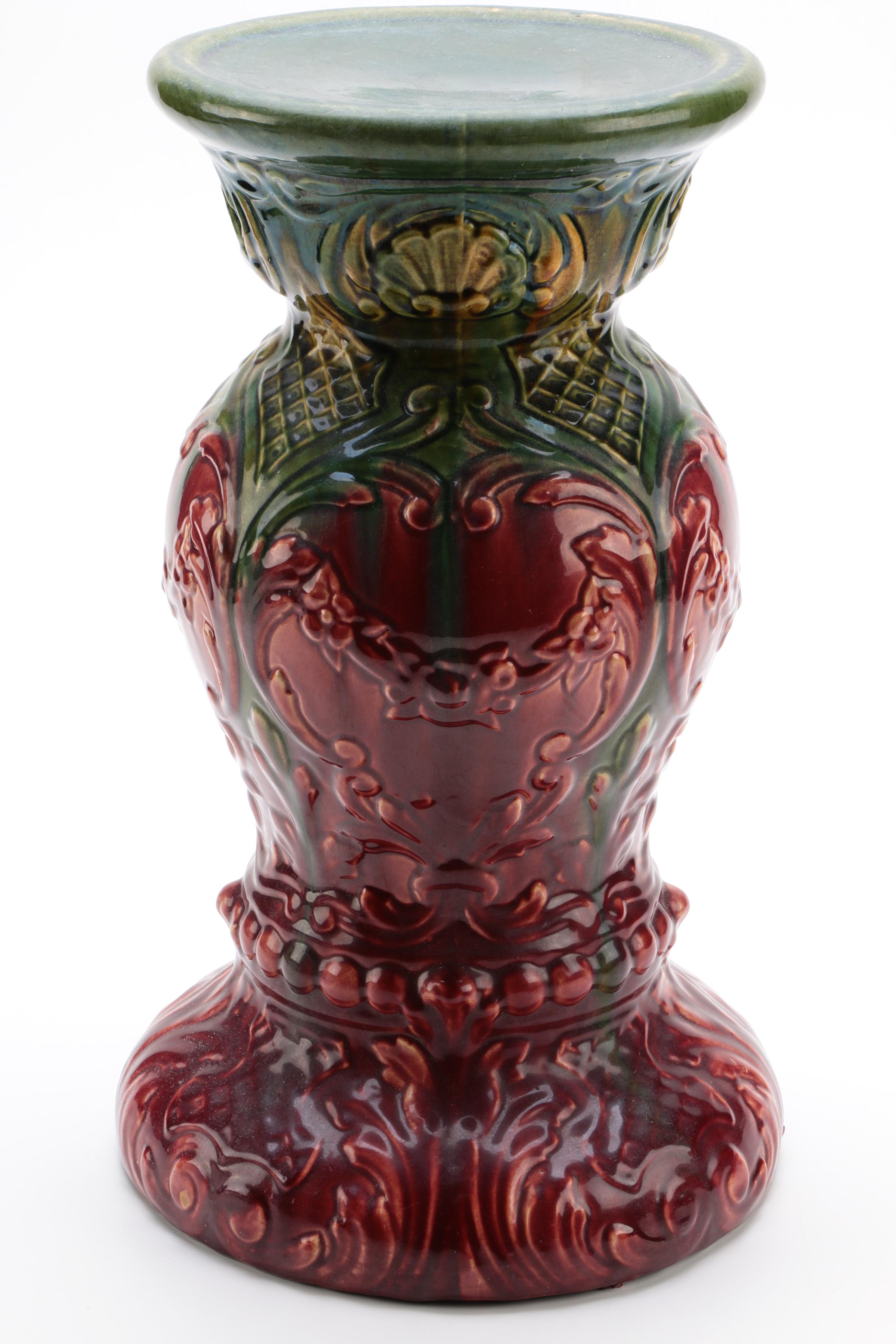 Glazed Ceramic Majolica Style Jardiniere Stand with Scrolling Foliate Design