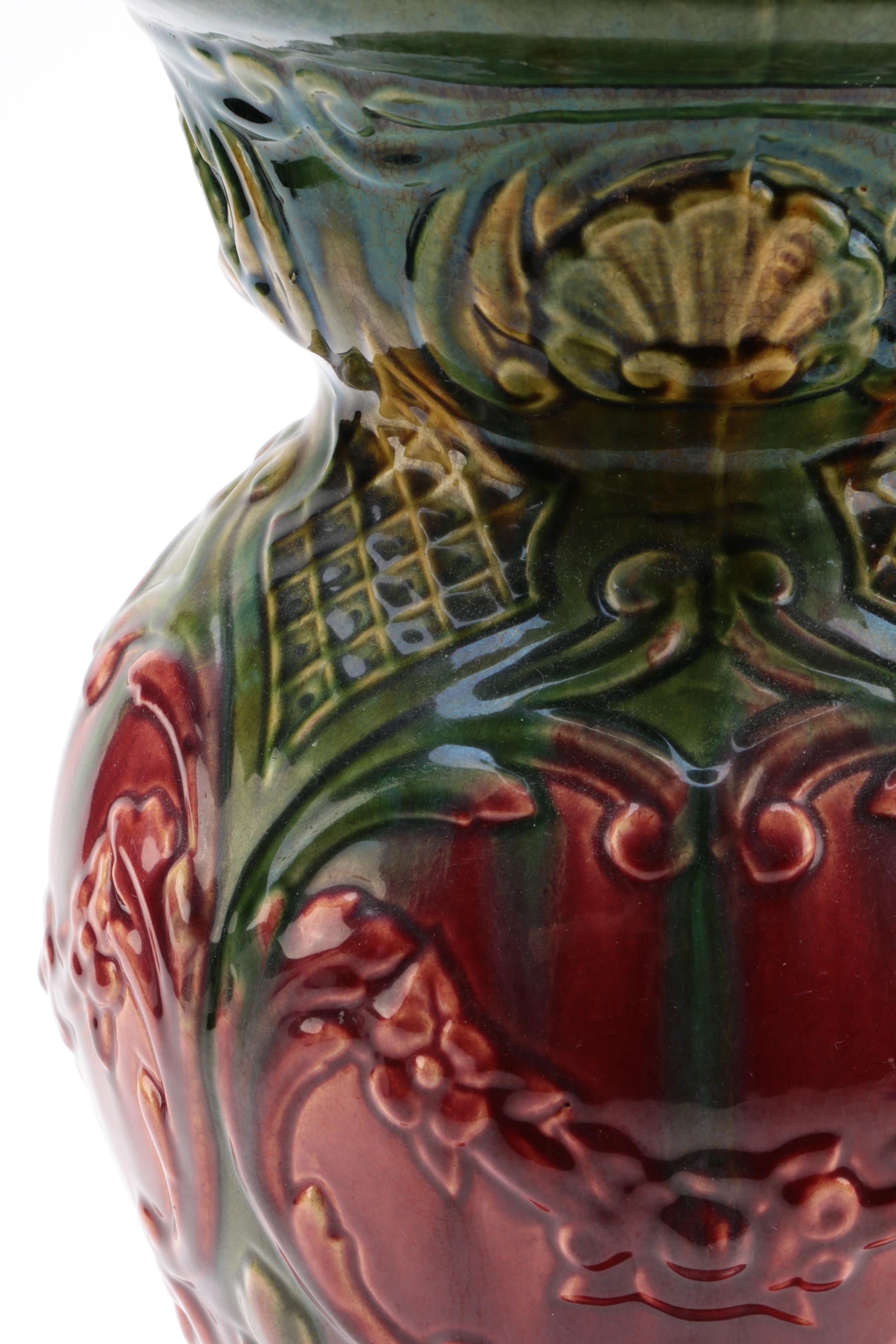 Glazed Ceramic Majolica Style Jardiniere Stand with Scrolling Foliate Design
